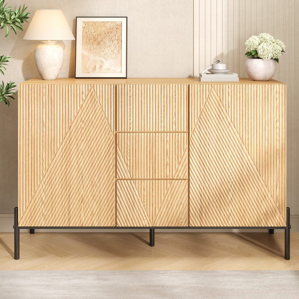 BBG Anrichte Sideboard 115,5 cm mit 3D-Front, Kommode mit 2 Türen & 3 Schubladen (MDF Highboard mit Metallbeinen), Wohnzimmerschrank, Esszimmerschrank, Aufbewahrungsschrank modern