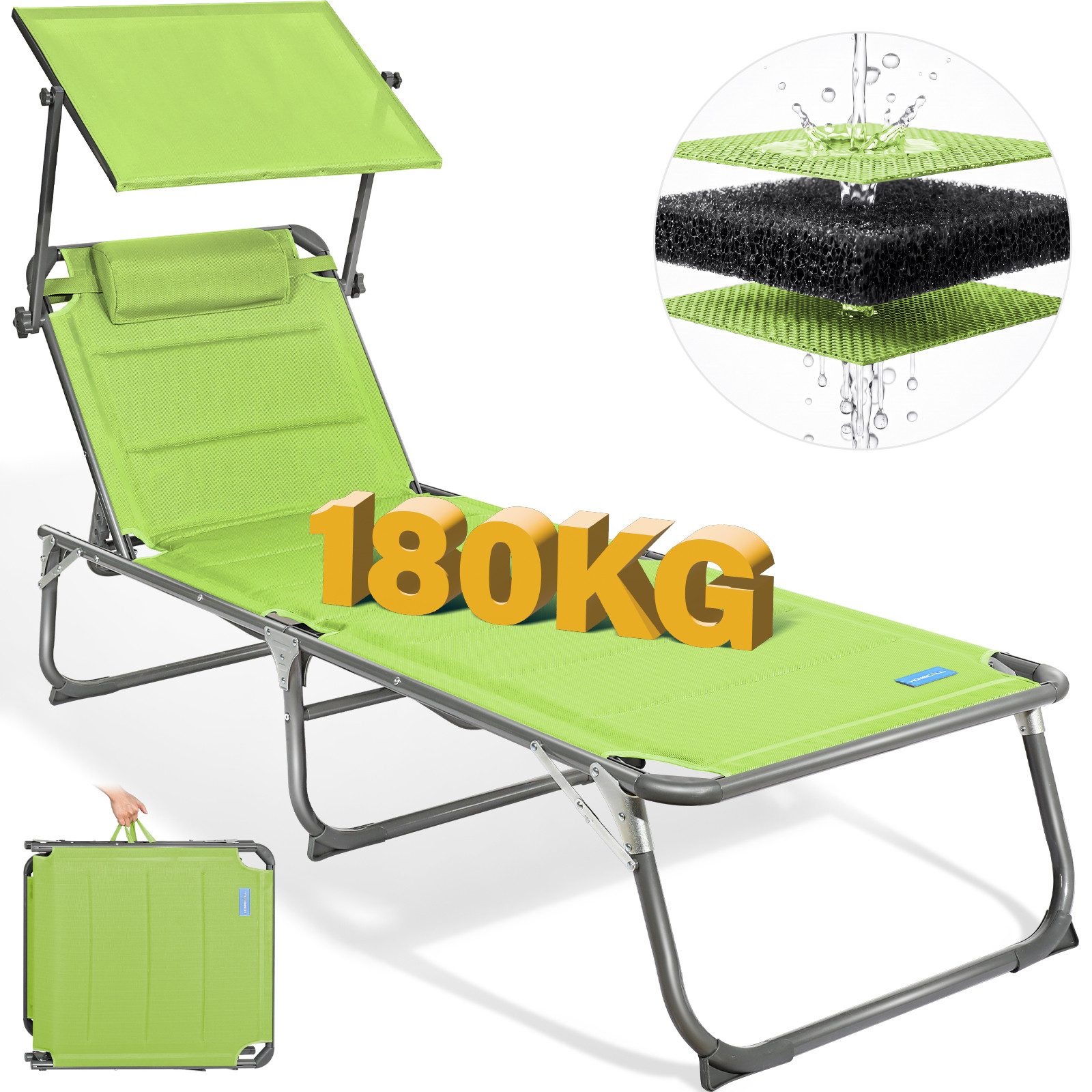 HOMECALL Gartenliege Sonnenliege AluLiege Liegestuhl Strandliege Liegen wetterfest, klappbar, Textilene Mit Dickemschnelltrocknende Schaumstoffpolsterung, Verstellbare Rückenlehne, Sonnenblende, Kopfpolster, bis 180KG