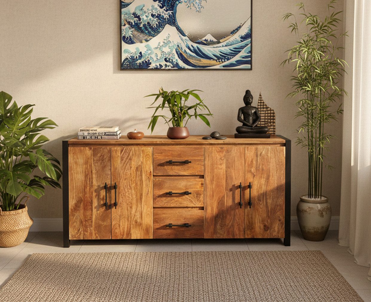 OPIUM OUTLET Kommode Sideboard Schrank Kommode mit Metallrahmen Landhaus Massivholz Mango (Asia Möbel Anrichte, komplett montiert), Asiatisch Indisch Orientalisch Massivholz Mangoholz