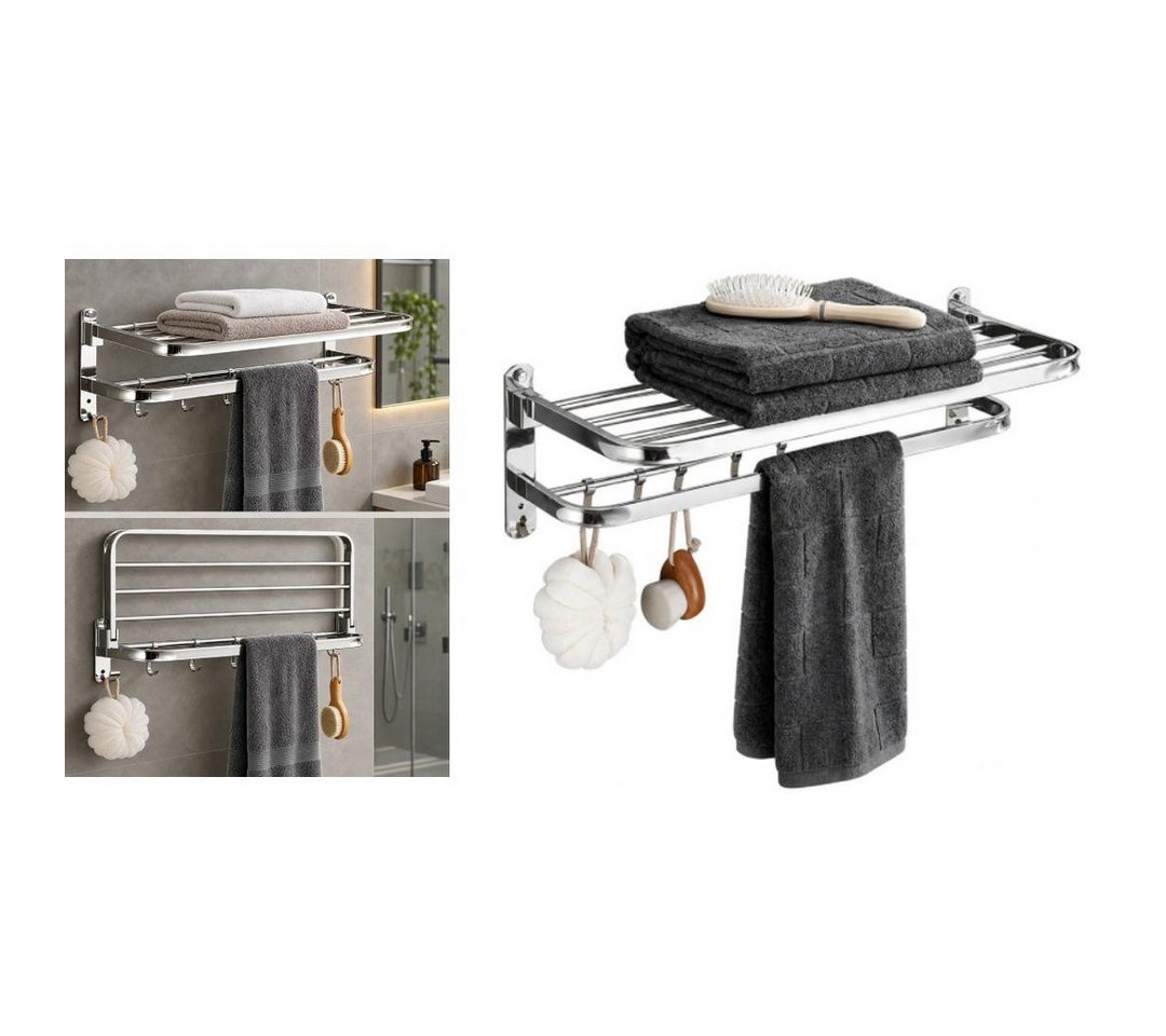BBG Handtuchständer Handtuchhalter 58 cm aus Edelstahl, 2-stufig mit klappbarer Ablage, mit 5 verschiebbaren Haken, Wandmontage ohne Bohren oder mit Schrauben