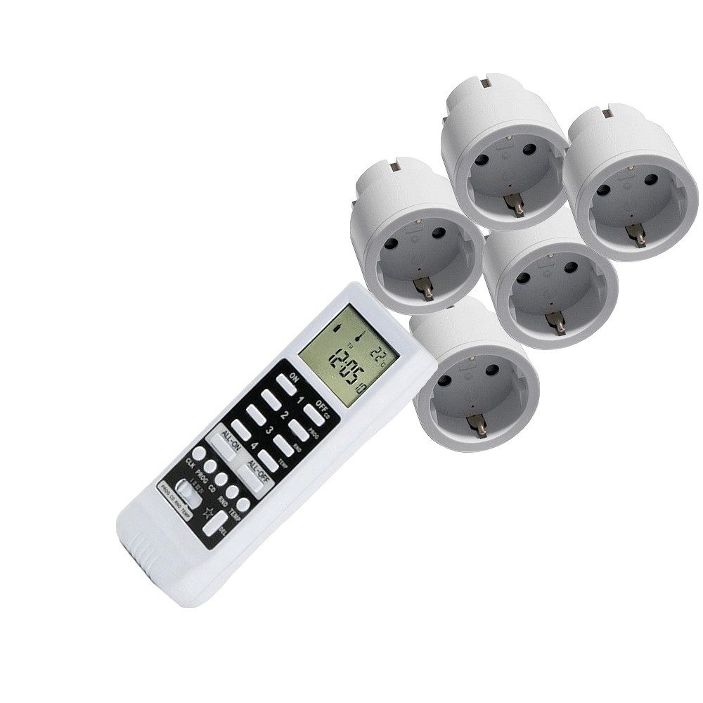 DIW-Funk Licht-Funksteuerung Funk-Set: Timer DTZ-505+1-5 Funkstecker DIR-2300 zur Auswahl, für Innenbeleuchtung, Aussenbeleuchtung in geschuetzten Bereichen, Kaffeemaschinen, Ventilatoren, Heizluefter, Klimageraete, Aquariumtechnik, Poolpumpen, Pflanzenbeleuchtung, Anwesenheitssimulation im Urlaub, zeitgesteuerte Steuerung von Haushaltsgeraeten, Spar-Set, 5-tlg., Komplettset mit gewünschter Steckeranzahl, Kabellose Funksteuerung, Anwesenheitssimulation, Temperatursteuerung