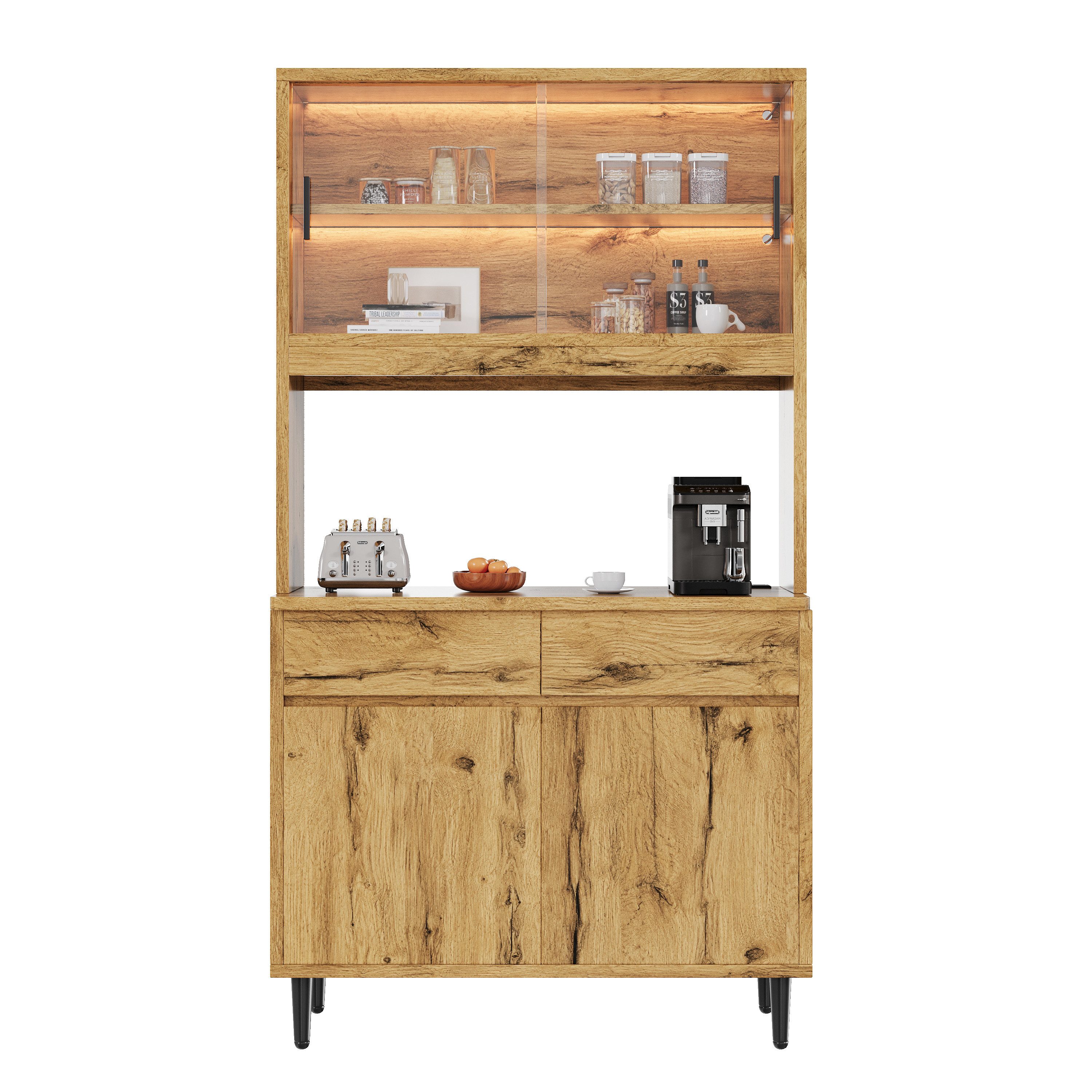 Ulife Hochschrank mit mehrstufigem Stauraum, inkl. integrierter Steckdose, 100×40×185 cm (1-St) Buffetschrank mit USB-C, USB-A, Lichtstreifen & Eiche-Optik