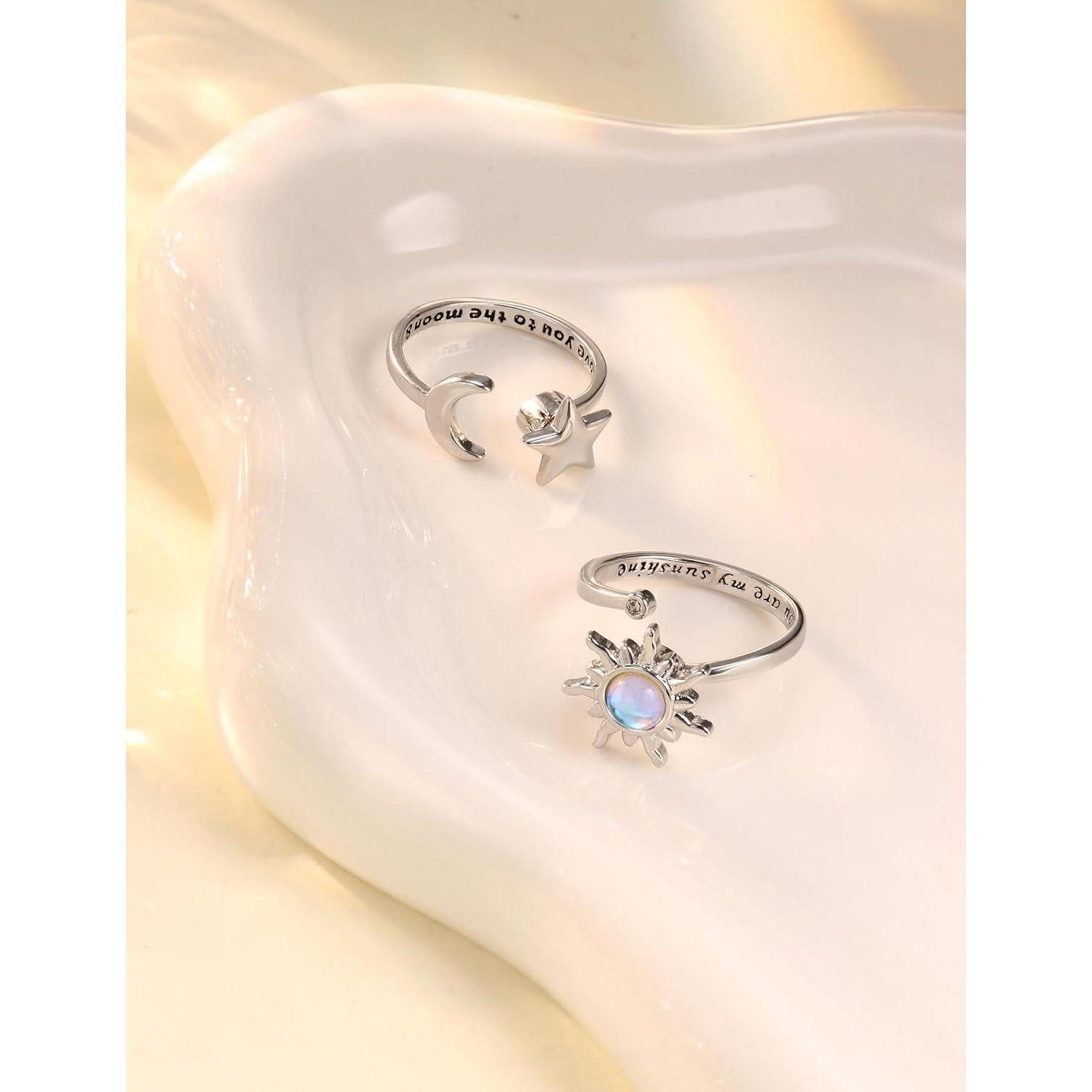 Adramata Silberring 2er Set Silber Spinner Ringe Sonnenblume Mondstein Verstellbar Anti