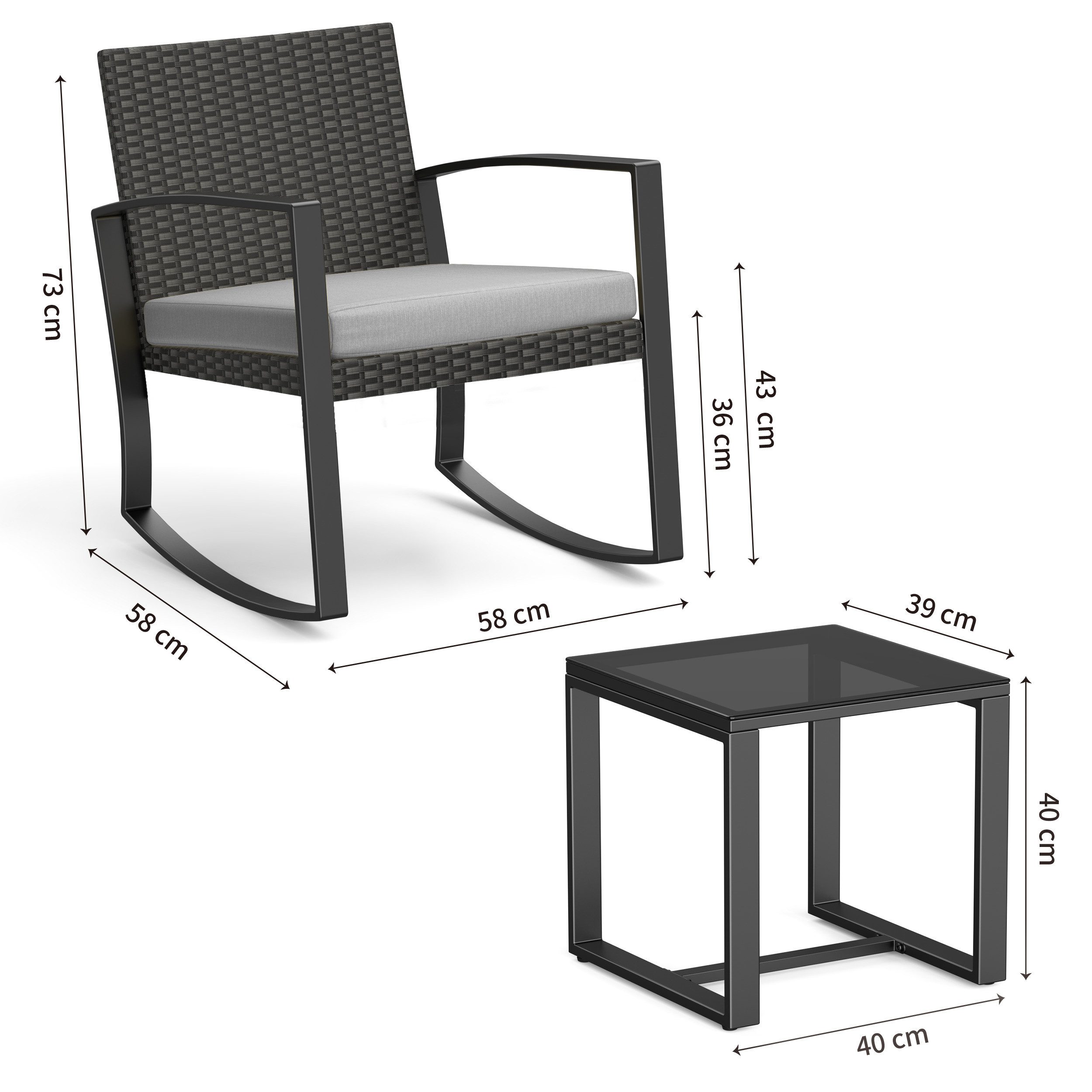 Bealife Balkonset Gartenlounge-Set, (3-tlg), 1 Tisch und 2 Stühle, Rattan Gartenmöbel, (Mit Schaukel-Funktion)