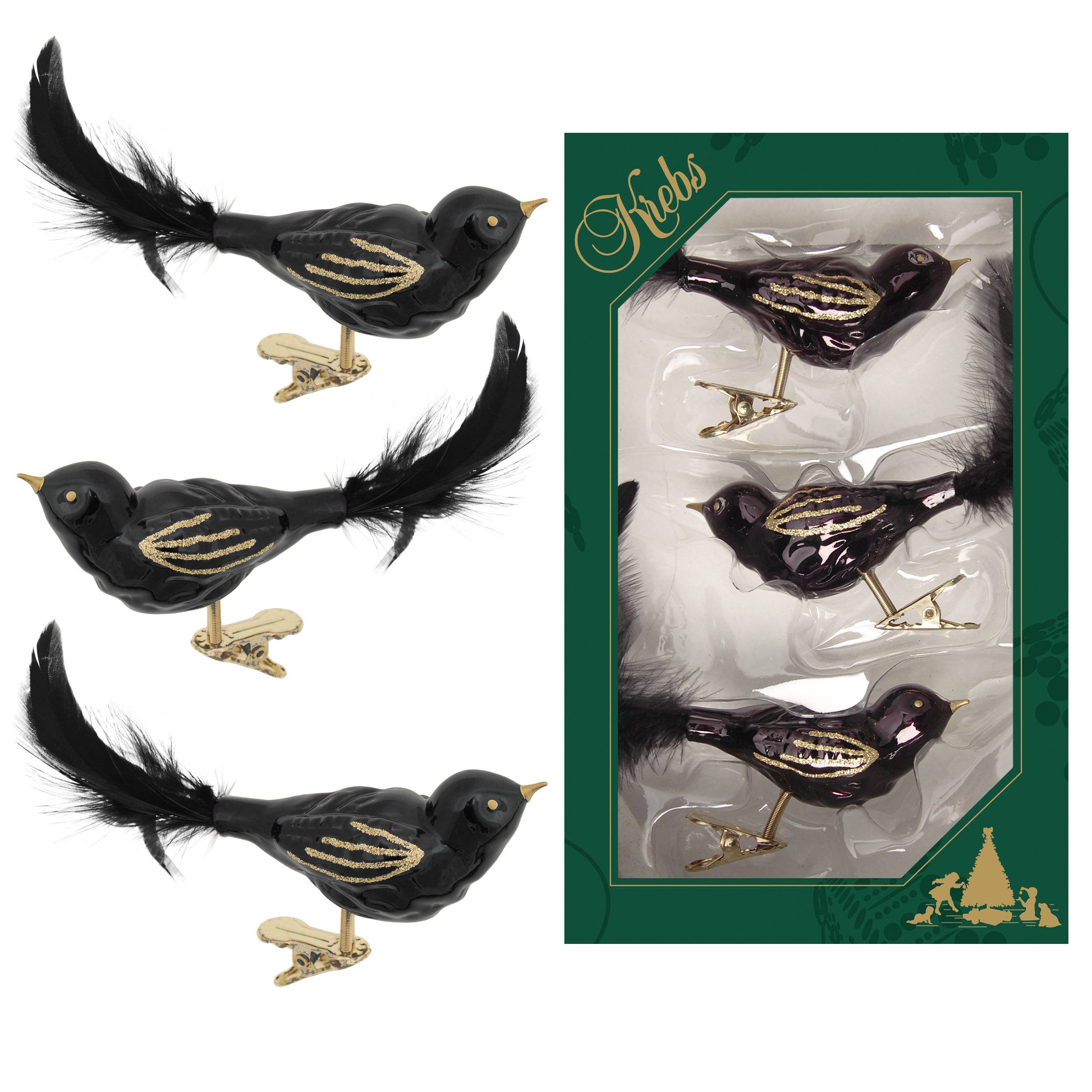 Krebs Glas Lauscha Weihnachtsbaumklammer Glasvögel im 3er Set - schwarz/gold - ca. 11cm, Ideal als Dekoration für Weihnachten, Frühling oder das ganze Jahr