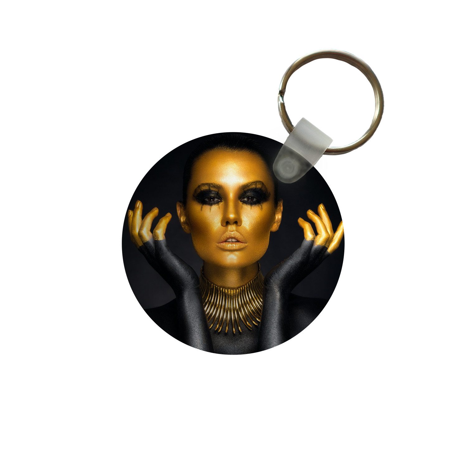 MuchoWow Schlüsselanhänger Frau - Porträt - Gold - Luxus - Schwarz, Rund, Geschenk für Damen / Herren / Kinder mit Schlüsselring, 5x5 cm