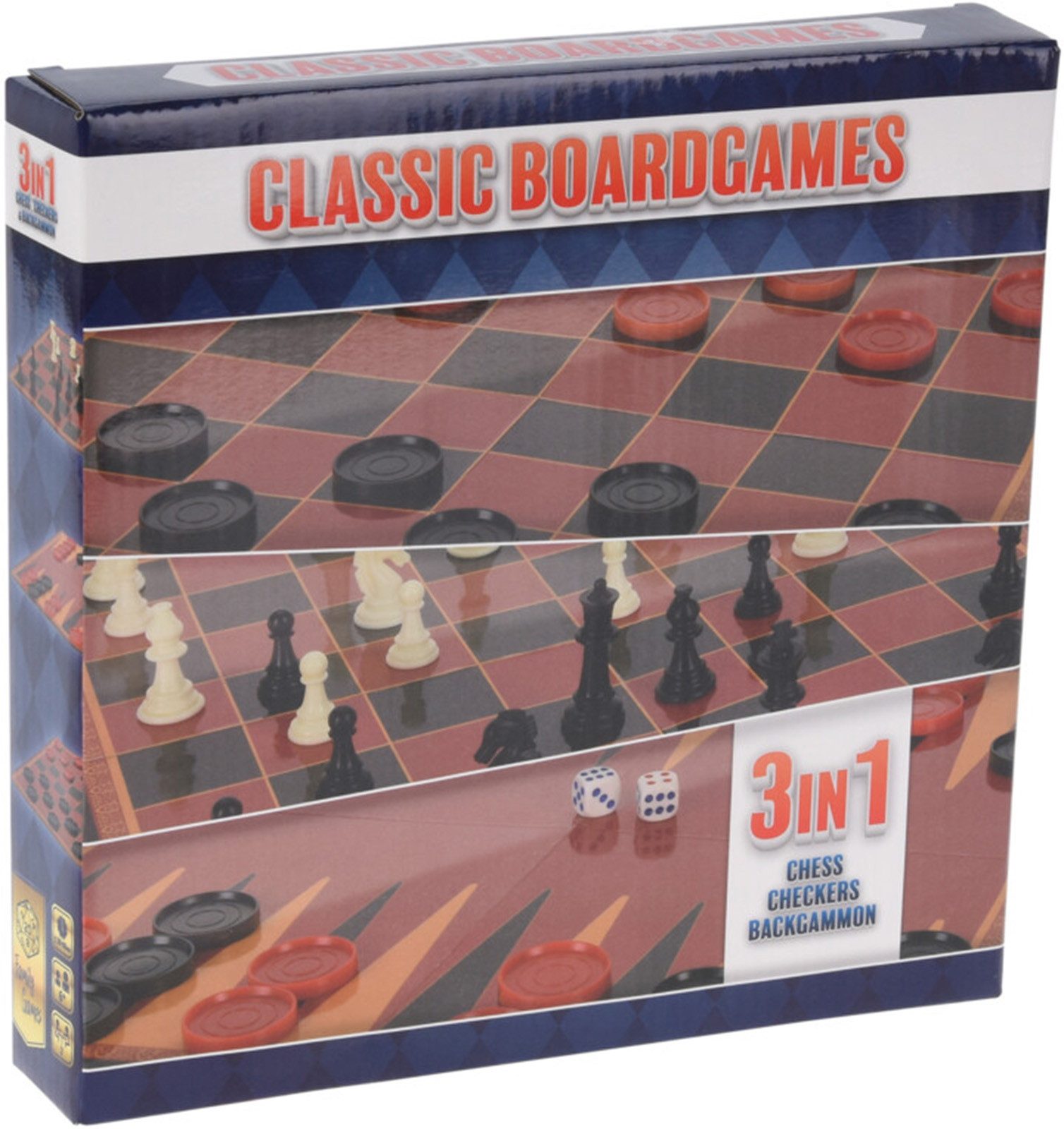 Koopman Spiel Familienspiel Brettspiel 3 IN 1 Schach Dame Backgammon Reisespiel, Brettspiel, 3in1, Karton Spielfeld, 30x30cm, Faltbar, Reisegröße