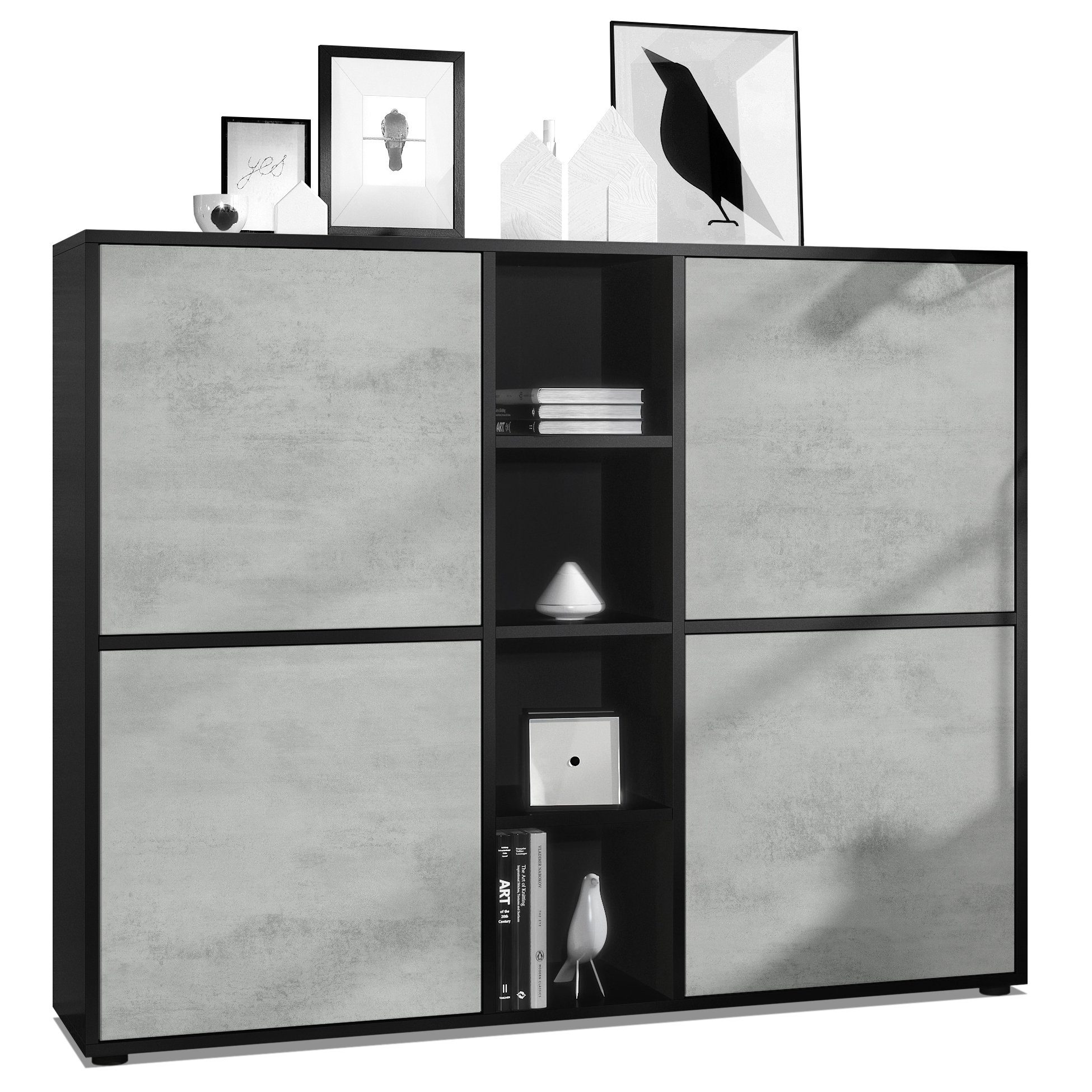Vladon Highboard Cuba V3 (Highboard, Schrank Anrichte Cuba V3 mit 12 Fächern), Korpus in Schwarz matt / in Bordeaux glänzend (130,5x105,5x35,5 cm)