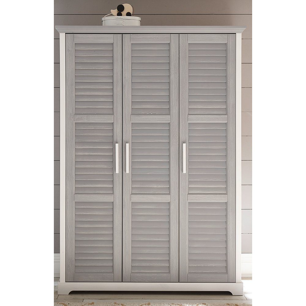 2 3 Lomadox Kleiderstangen, Kiefer Kleiderschrank grau, massiv AVON-78 Türen, weiß, Einlegeböden