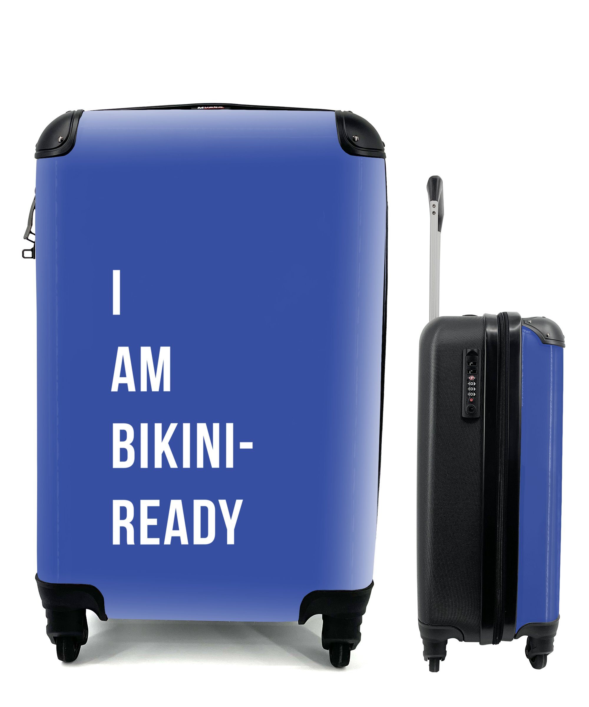MuchoWow Handgepäckkoffer Zitat - Ich bin bereit für den Bikini - Blau, 4 Rollen, Reisetasche mit rollen, Handgepäck für Ferien, Trolley, Reisekoffer