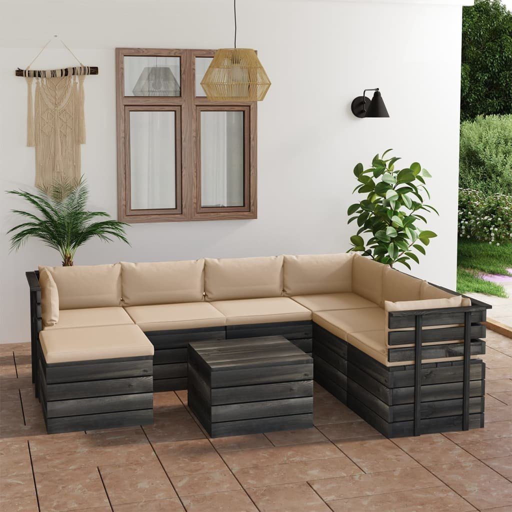 vidaXL Gartenlounge-Set 8-tlg. Garten-Sofagarnitur aus Kiefernholz, mit Paletten Beige (8-tlg) Kissen