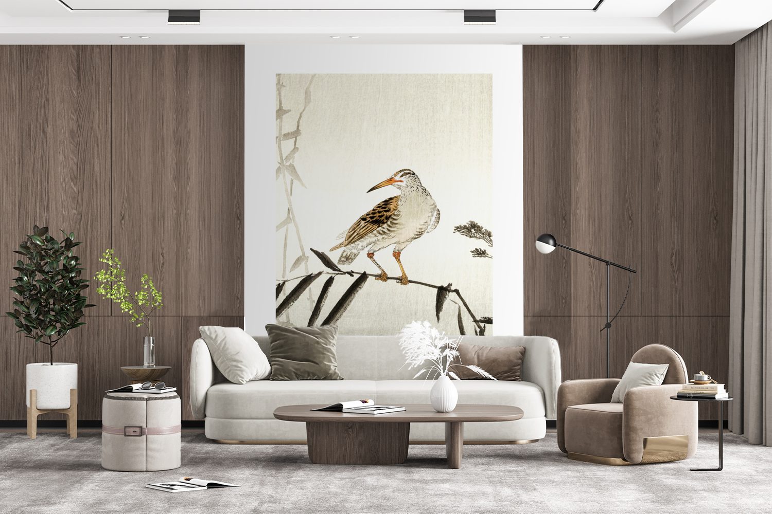 Natur Vogel - Skandinavisch, Matt, - Vinyl Japanisch (4 St), Fototapete Tapete Wohnzimmer, - Montagefertig bedruckt, für Wandtapete MuchoWow