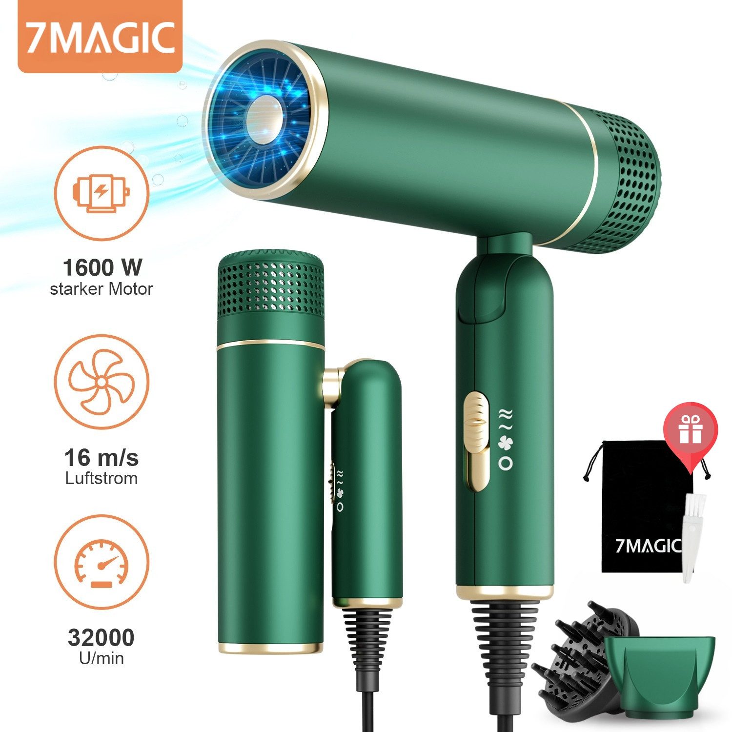 7MAGIC Reisehaartrockner Leicht faltbar Föhn für Reise und Alltag, 1600,00 W, 3 Temperaturstufen,2 Luftstärken,Kaltluftfunktion, mit Konzentrator oder Diffusor – faltbar, leise & reisefertig