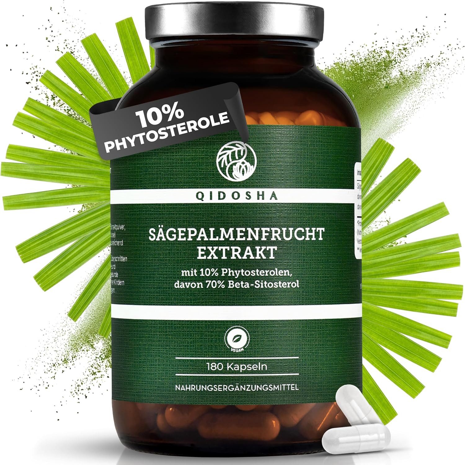 QIDOSHA Sägepalmen Fruchtextrakt Kapseln, hochdosiert, 10% Phytosterole, davon 70% Beta-Sitosterol, 250mg (NEU) Sägepalmenextrakt je Kapsel, 180 Stk/Glas, vegan, deutsche Fertigung, jede Charge laborgeprüft à 180 St., 108 g