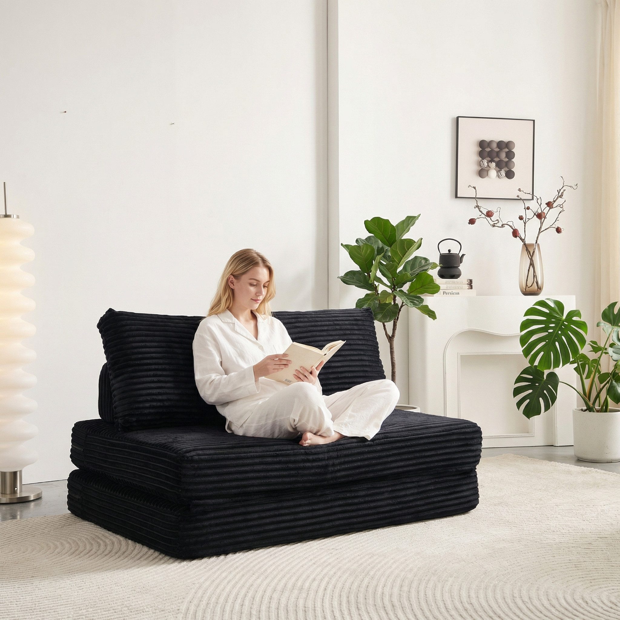 ibettertec Loungesofa Schlafsofa mit Schlaffunktion & frei beweglichen Rückenkissen, Bodensofa mit hoher Rückenlehne & abnehmbarer Kopf-/Lendenstütze
