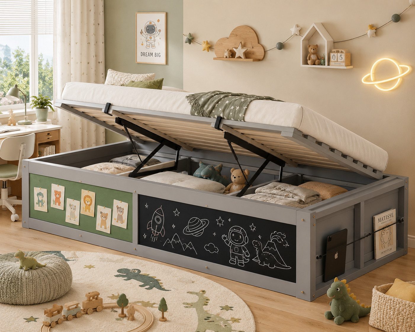 Flieks Kinderbett, Hydraulisches Holzbett Einzelbett 90x200cm mit Kreidetafel & Filztafel