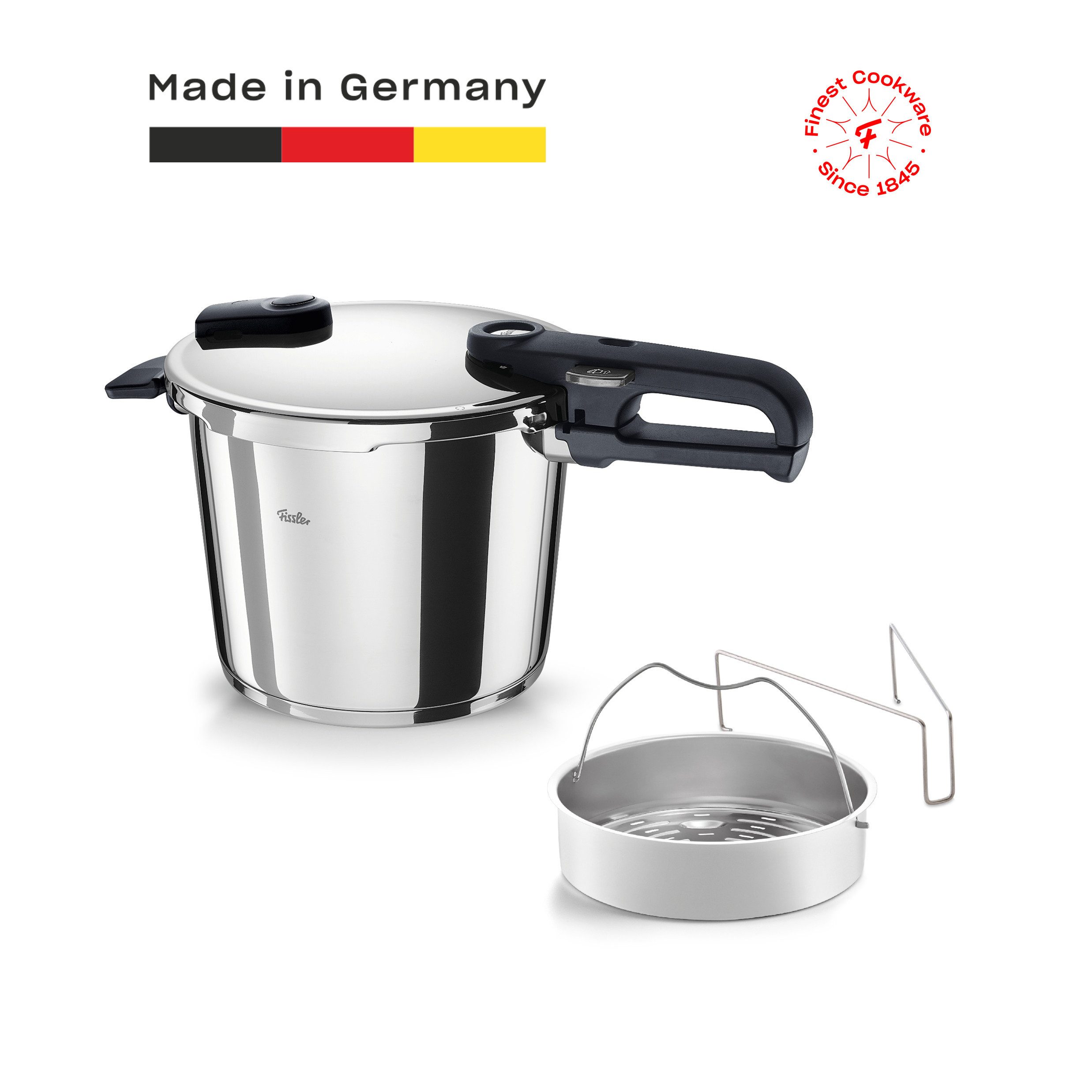Fissler Schnellkochtopf Vitaquick® Edition, Edelstahl 18/10 (Set, 2-tlg., Schnellkochtopf 4,5 oder 6 Liter mit Deckel und Dünsteinsatz), Made in Germany, mit gelochtem Einsatz