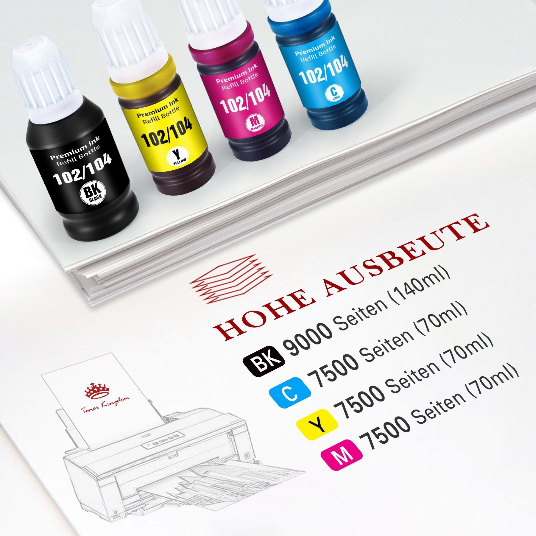 Thumbnail - Toner Kingdom 4/8 Kompatible für EPSON 104 EPSON 102 Ecotank Multipack Nachfülltinte (für EPSON, ET-2820 ET-2821 ET-2825...