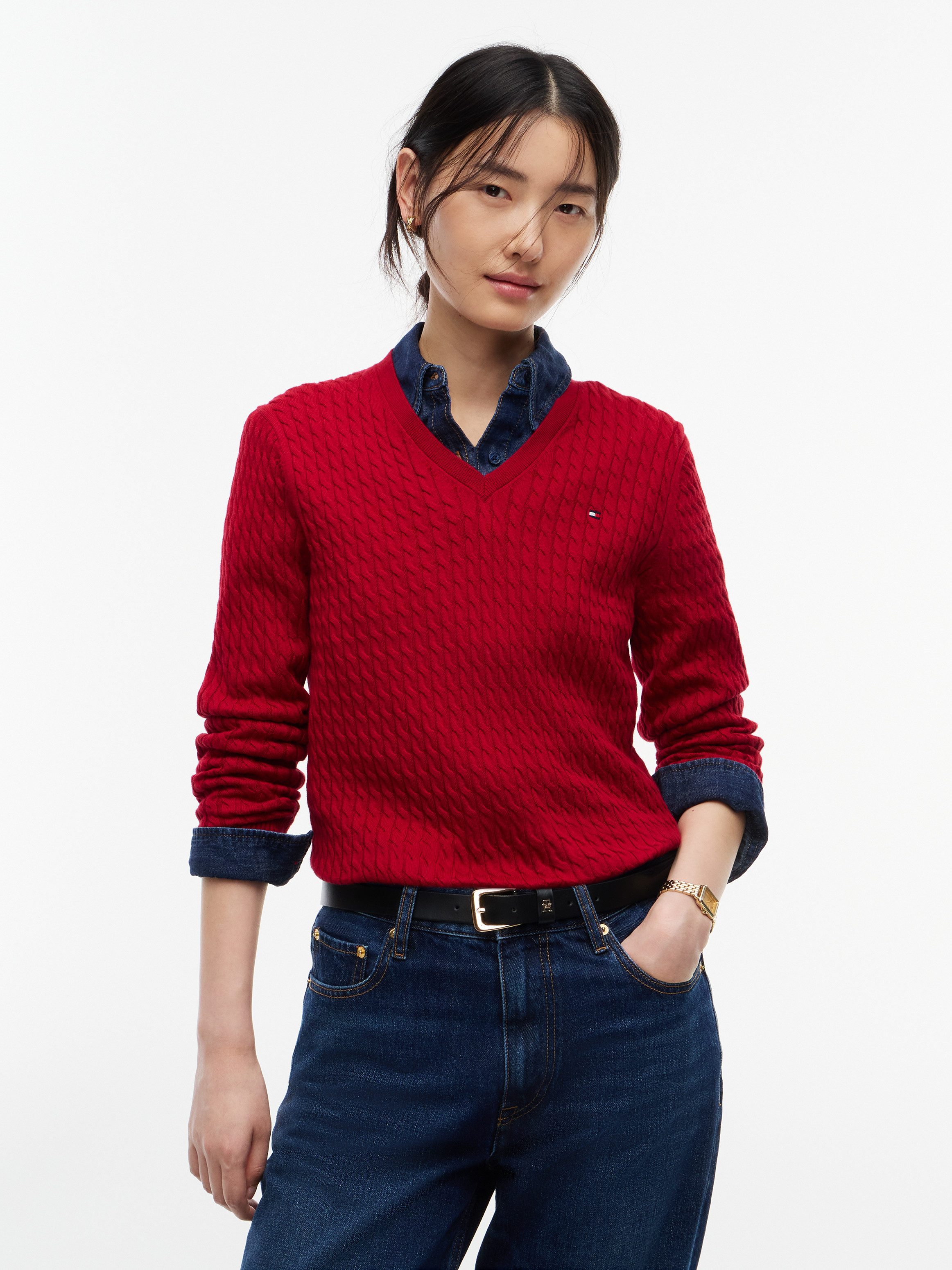 Tommy Hilfiger Strickpullover CO CABLE FINE GG V-NK LS SWT Baumwolle, mit Zopfmuster
