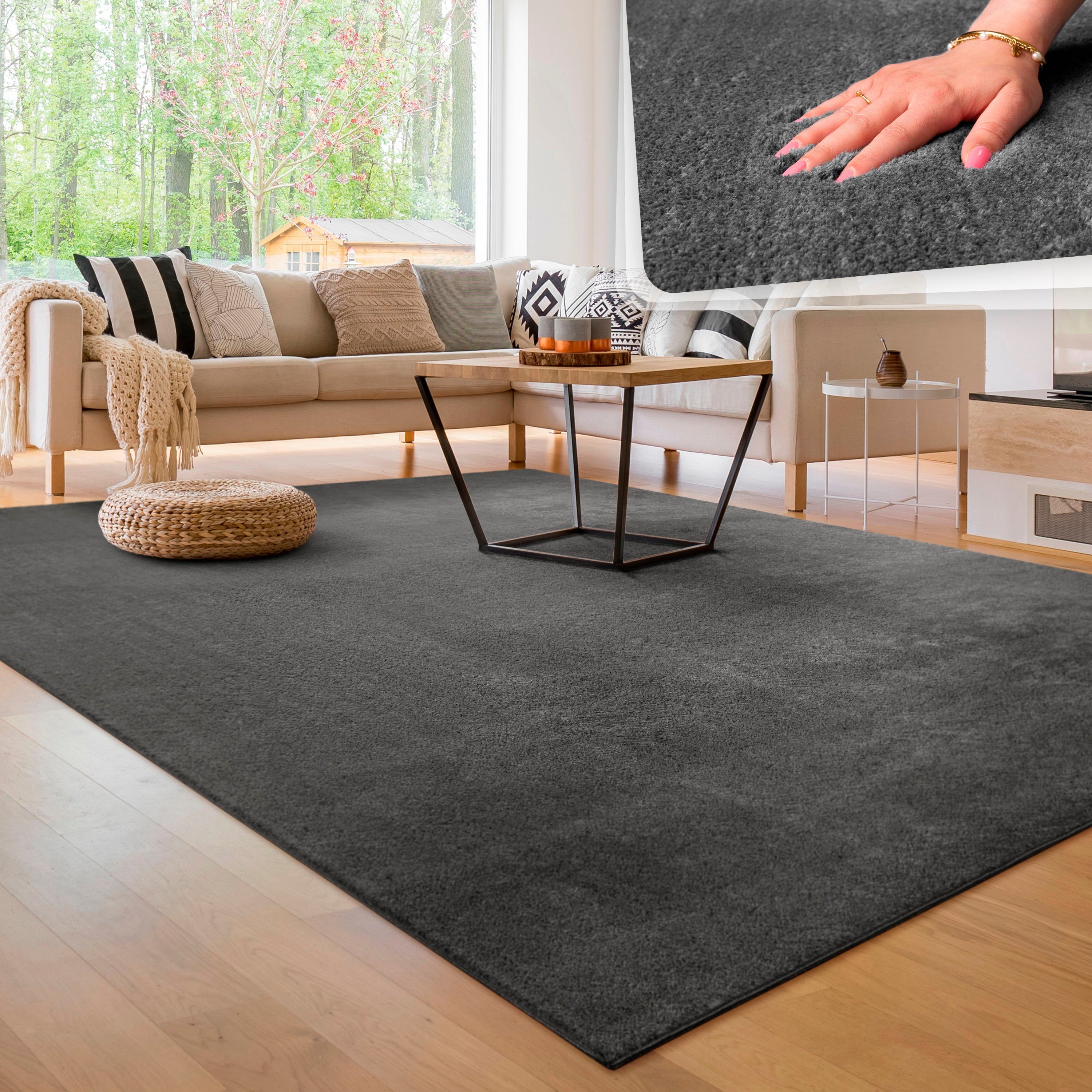 Teppich Cadiz 630, Paco Home, rechteckig, Höhe: 22 mm, Uni-Farben, besonders weich, waschbar, auch als Läufer erhältlich anthrazit | Kurzflor-Teppiche