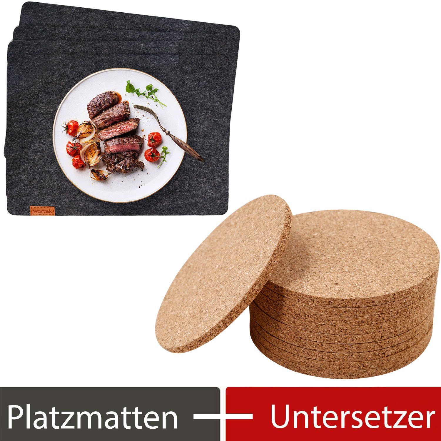 wortek Platzset Filz Platzset (44 x 32 cm) + Kork-Untersetzer, (Set, 16-St), waschbare Platzmatten + Getränkeuntersetzer aus Kork