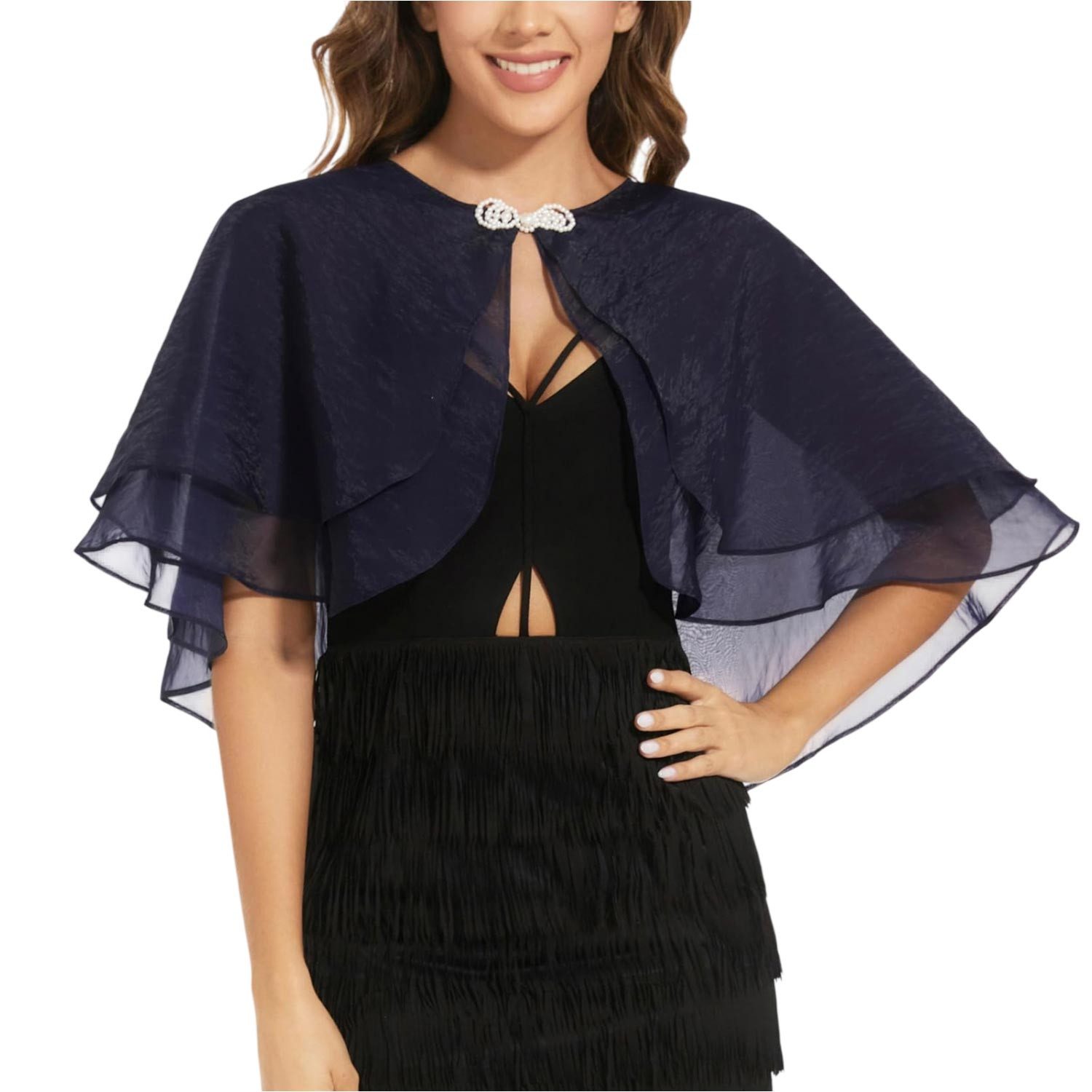 Refttenw Bolero Damen Festlich Doppellagiger Chiffon Bolero Stola Brautjacke Poncho (1-tlg) Bolerojacken mit Perlenknoten - Leicht Luftig