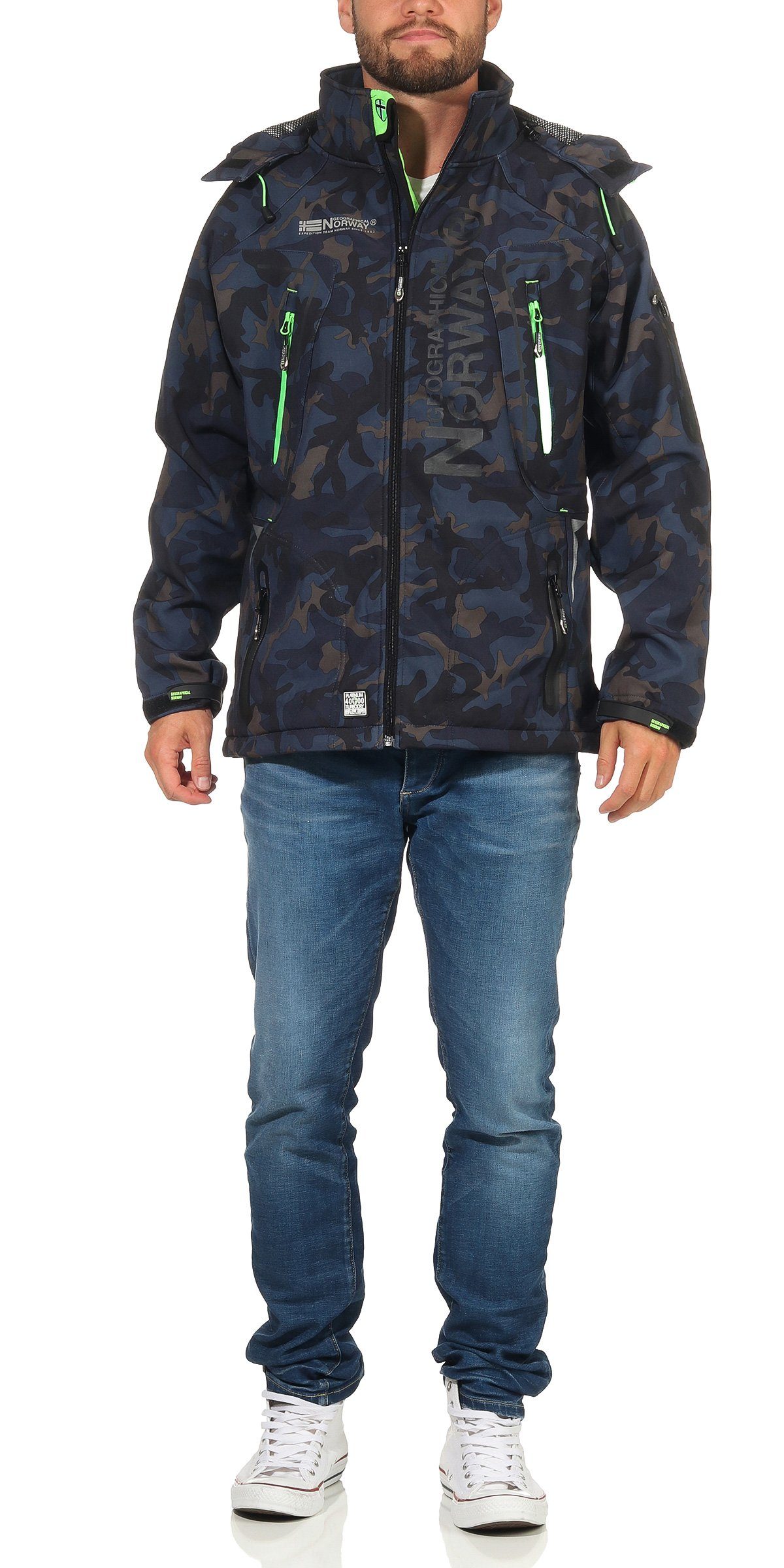 Geographical Norway Softshelljacke Herren Softshell Wander Sport Übergangsjacke Trekking Jacke in Unifarbe, mit abnehmbarer Kapuze, mit Stehkragen