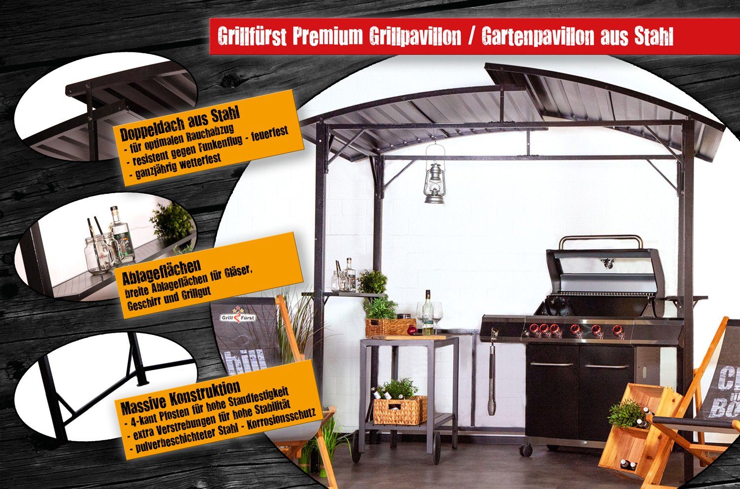 Grillfürst Grillpavillon Grillfürst Premium Grillpavillon aus Stahl mit wetterfestem Metalldach