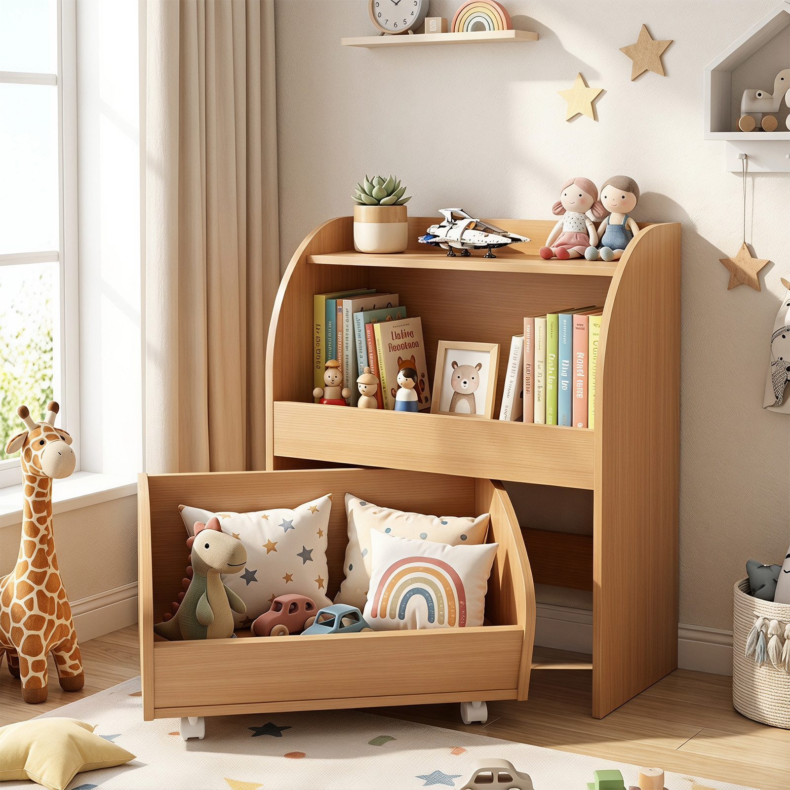COSTWAY Kinderregal, Bücherregal Kinder aus Holz mit Schublade auf Rollen