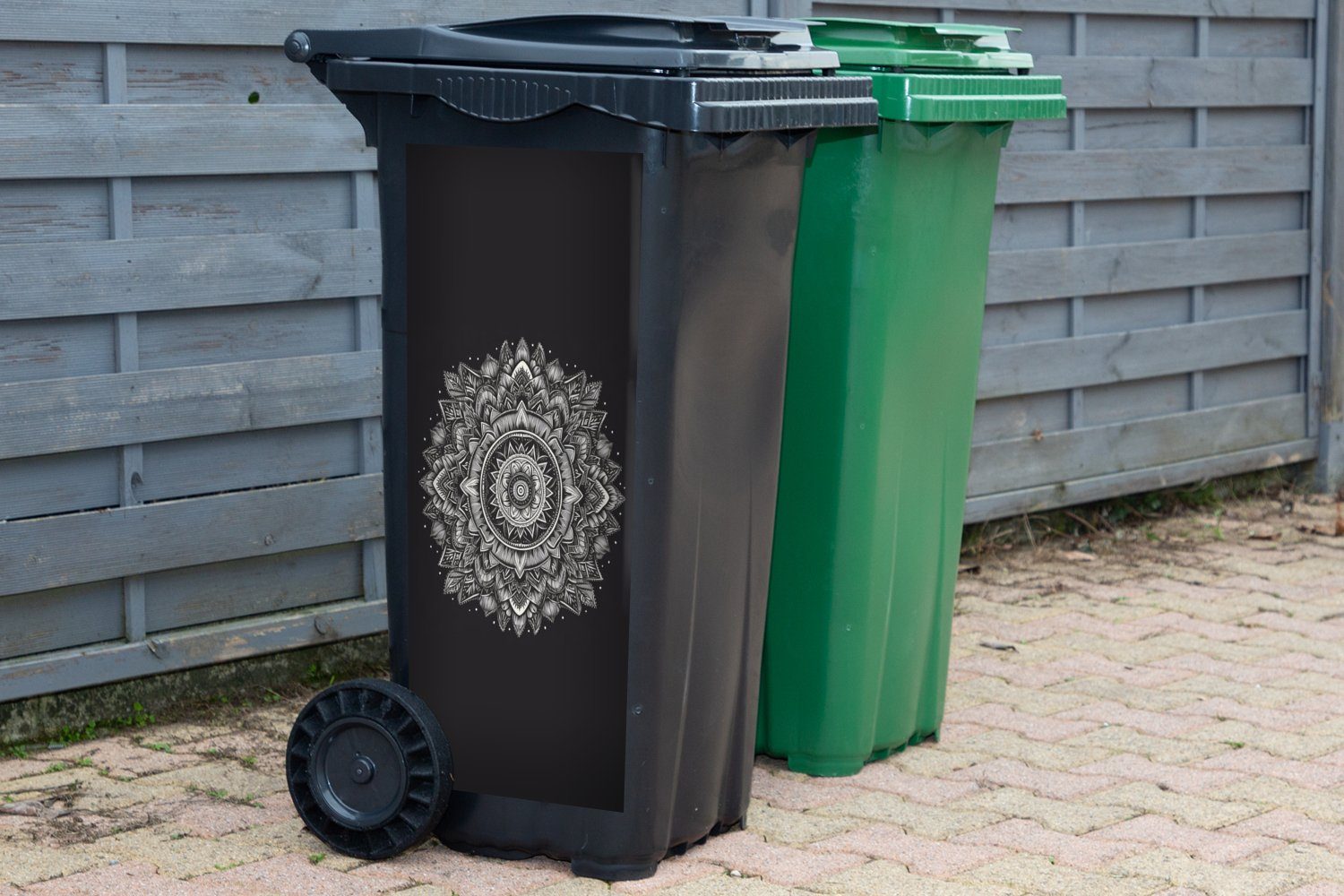 Mülltonne, Blumen MuchoWow Container, - (1 - Mülleimer-aufkleber, Mandala Abfalbehälter Schwarz und Sticker, Natur - Böhmisch weiß Wandsticker St), -