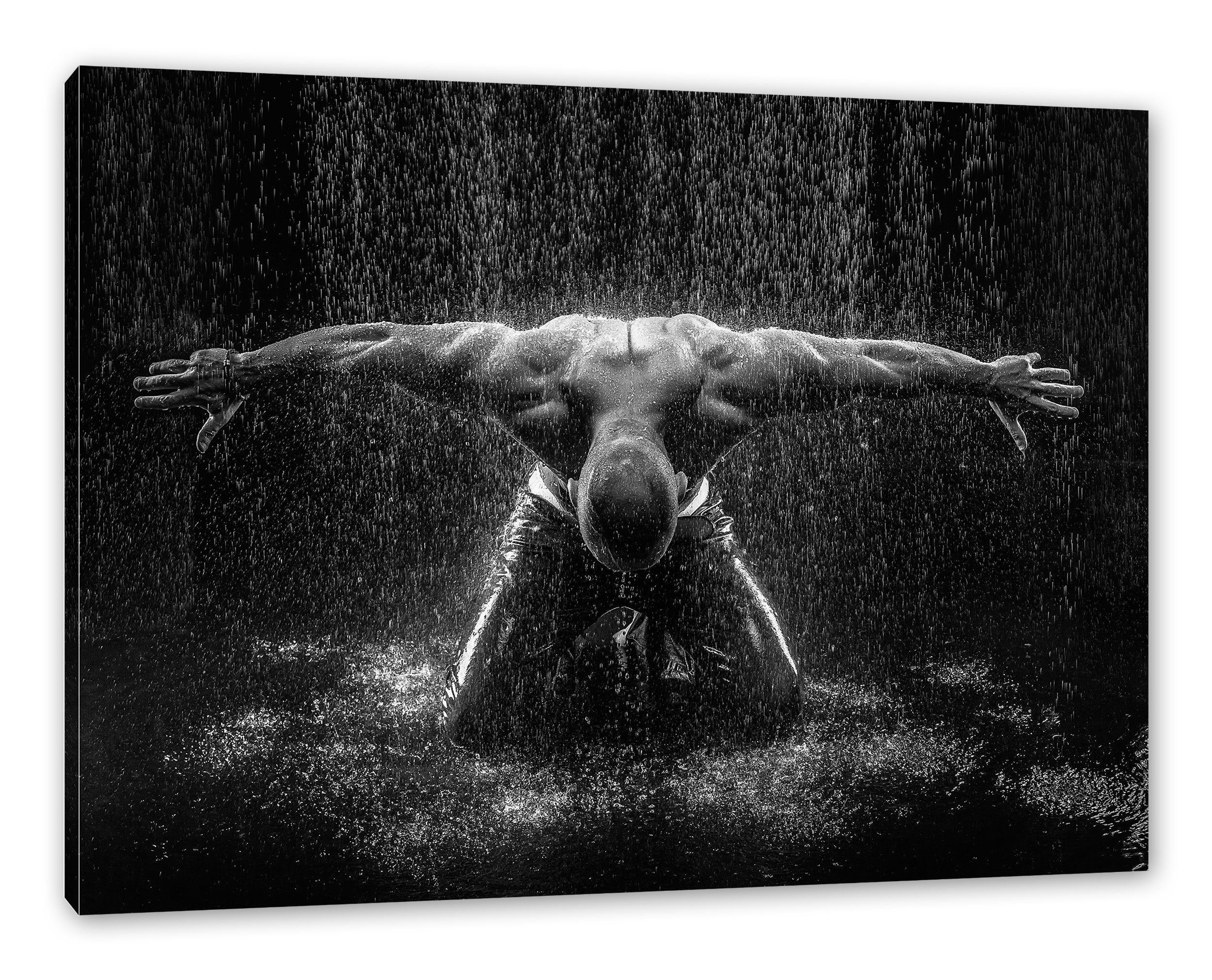 Pixxprint Leinwandbild Bodybuilder im Regen, Bodybuilder im Regen (1 St), Leinwandbild fertig bespannt, inkl. Zackenaufhänger
