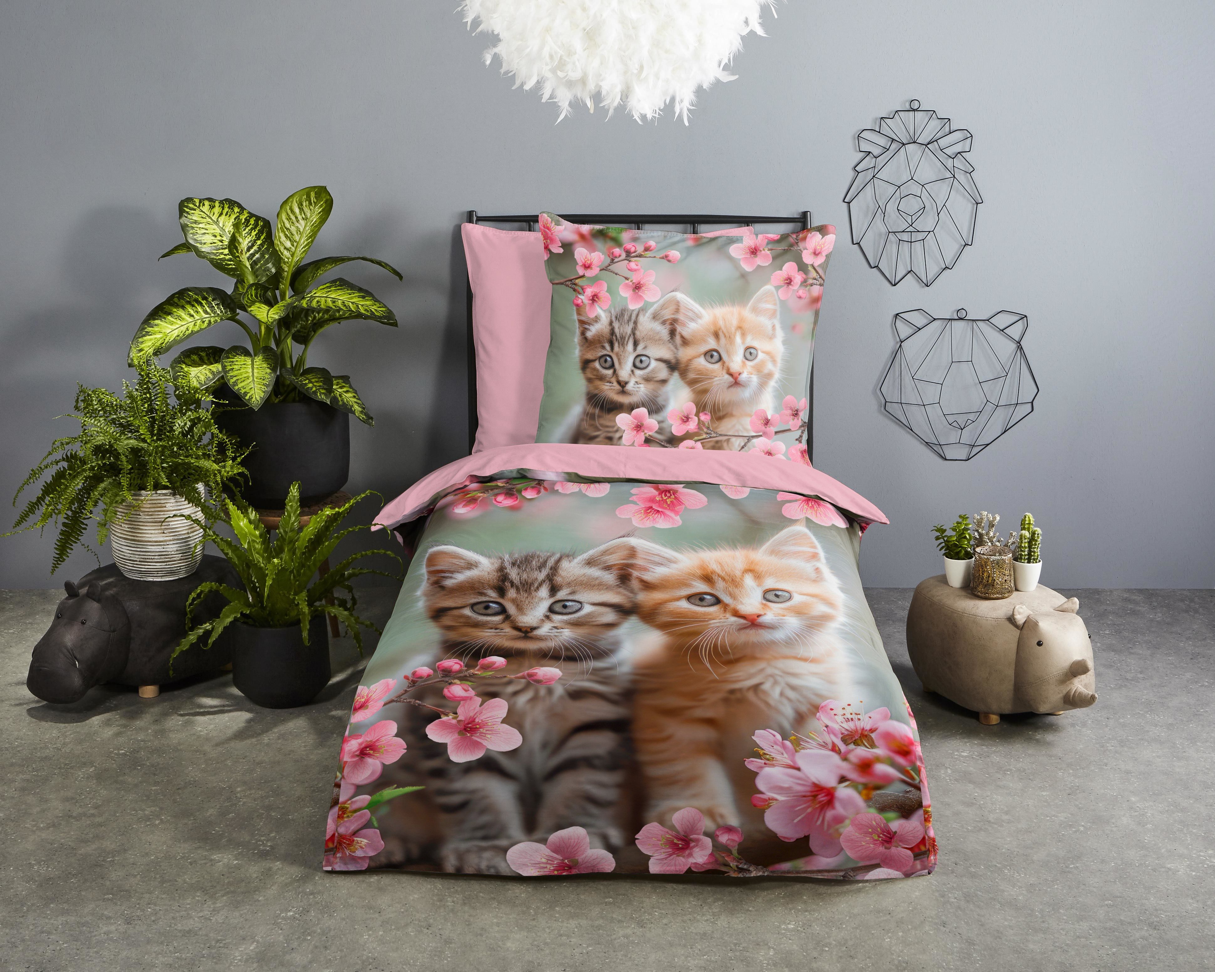 good morning Kinderbettwäsche Mischa, Renforcé, 2 teilig, Baumwolle, Renforcé, Wendeoptik, Kind, Mädchen, Katze, Blume