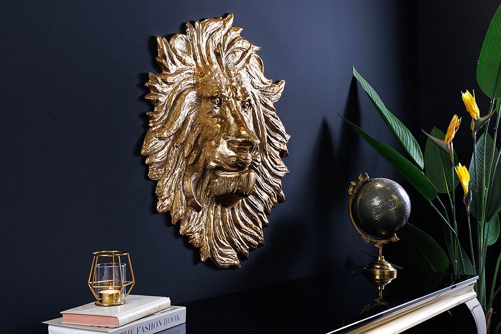 riess-ambiente Wanddekoobjekt WILDLIFE LION 60cm gold · Löwenkopf-Skulptur aus Metall (Einzelartikel, 1 St), Wohnzimmer-Accessoire · handmade · 3D Wandbehang im Tier-Design