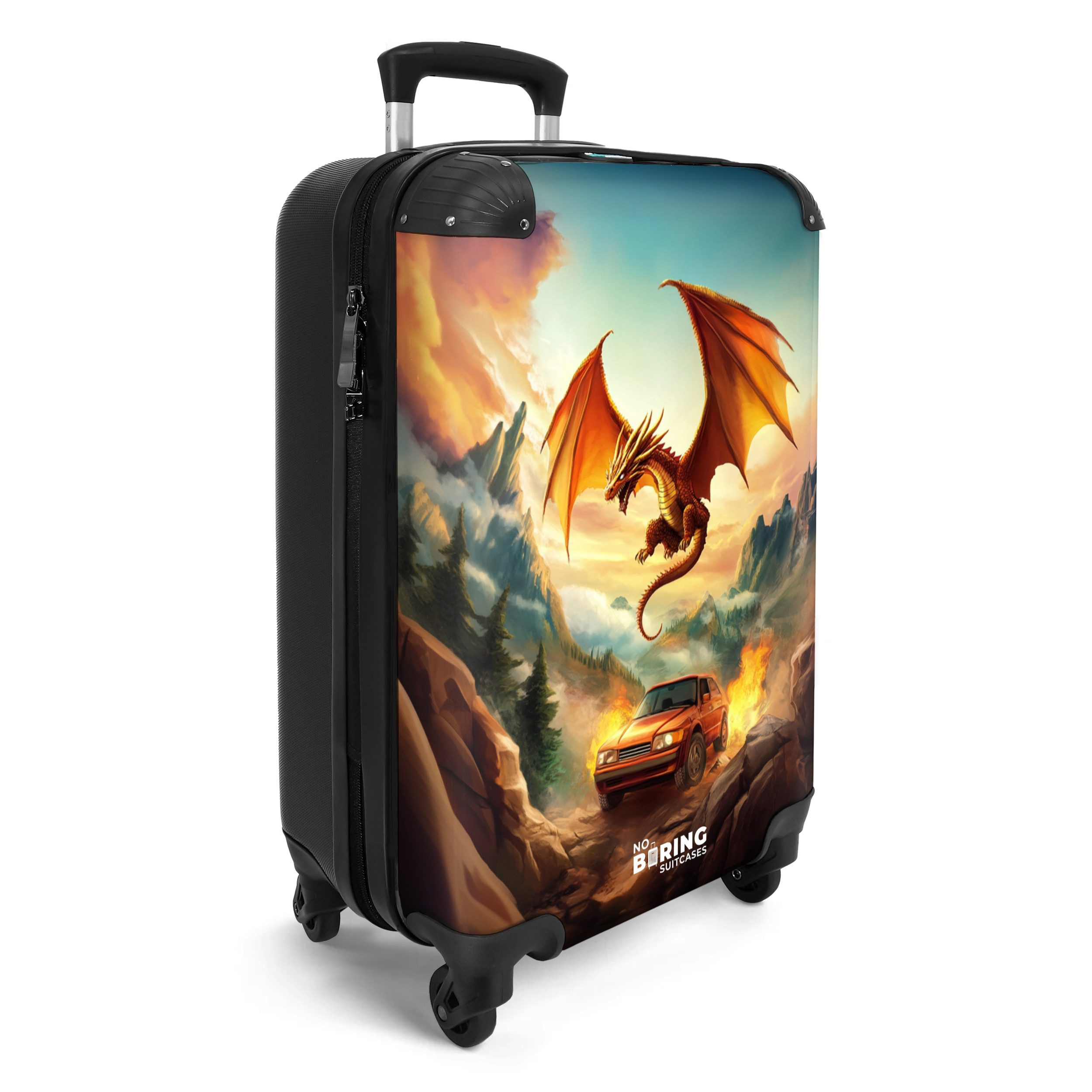 NoBoringSuitcases.com© Kinderkoffer Fliegender Drache über feuriger Bergstraße 55x35x20cm, Handgepäck Koffer, Hartschalenkoffer Kinder, Reisekoffer Jungen