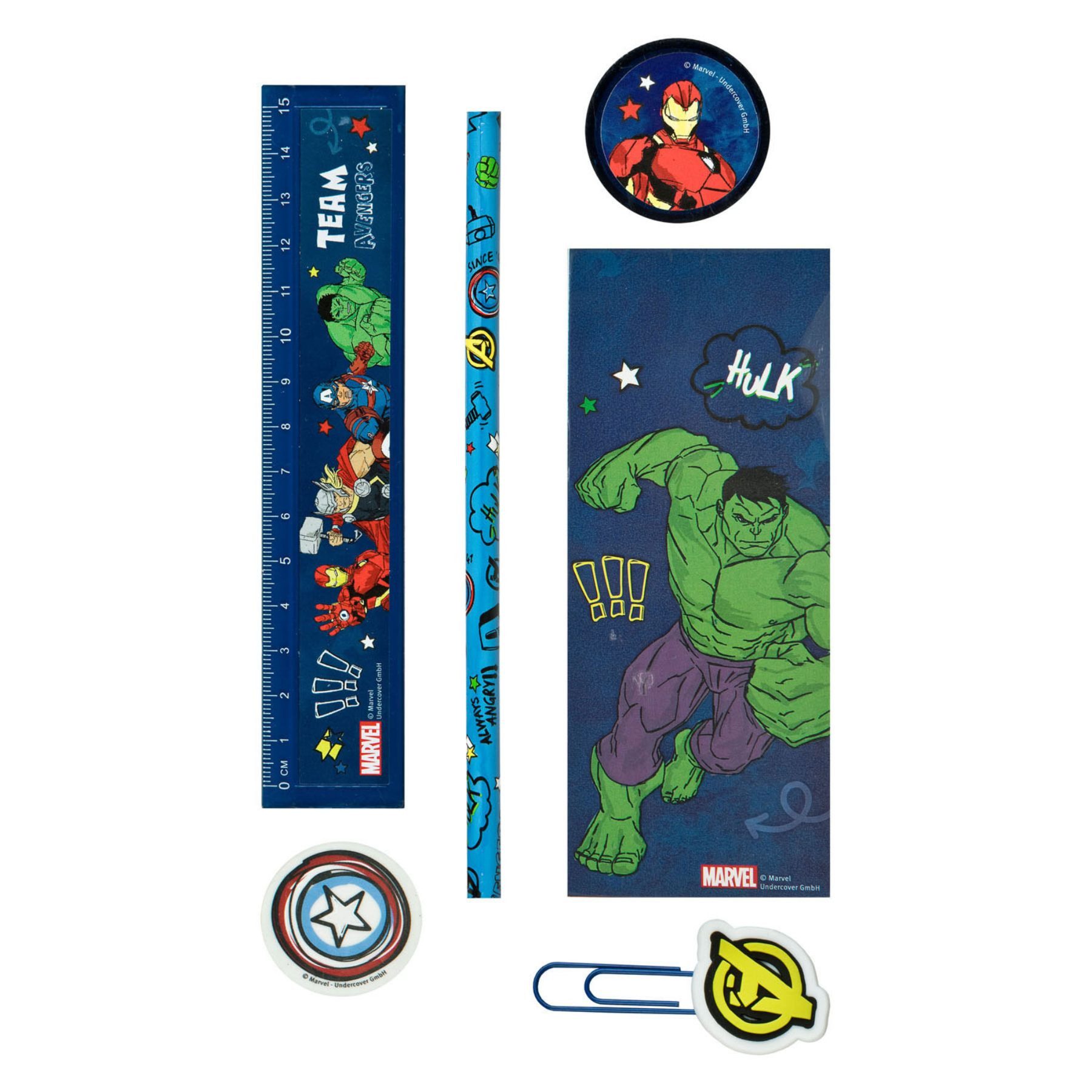 The AVENGERS Federmäppchen gefüllt 7 teilig Blau Schreibwaren Set Schulzubehör