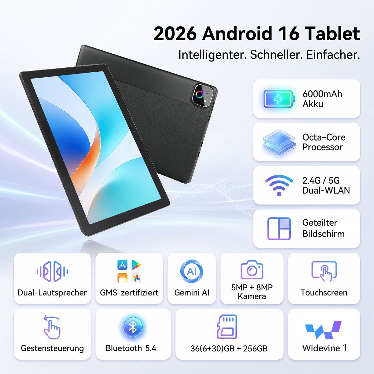 Happybe 10 Zoll Android 16 Octa-Core 36(6+30)GB RAM 256GB 6000 mAh HD 1280×800 Tablet (10.1", 256 GB, Android) schwarz