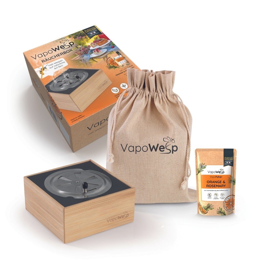 VapoWesp Räucherbox Räucherbox gegen Wespen und Mücken, Starter-Set oder Komplett-Set (3-tlg) Aromatisierter Kaffeerauch vertreibt Insekten auf natürliche Art
