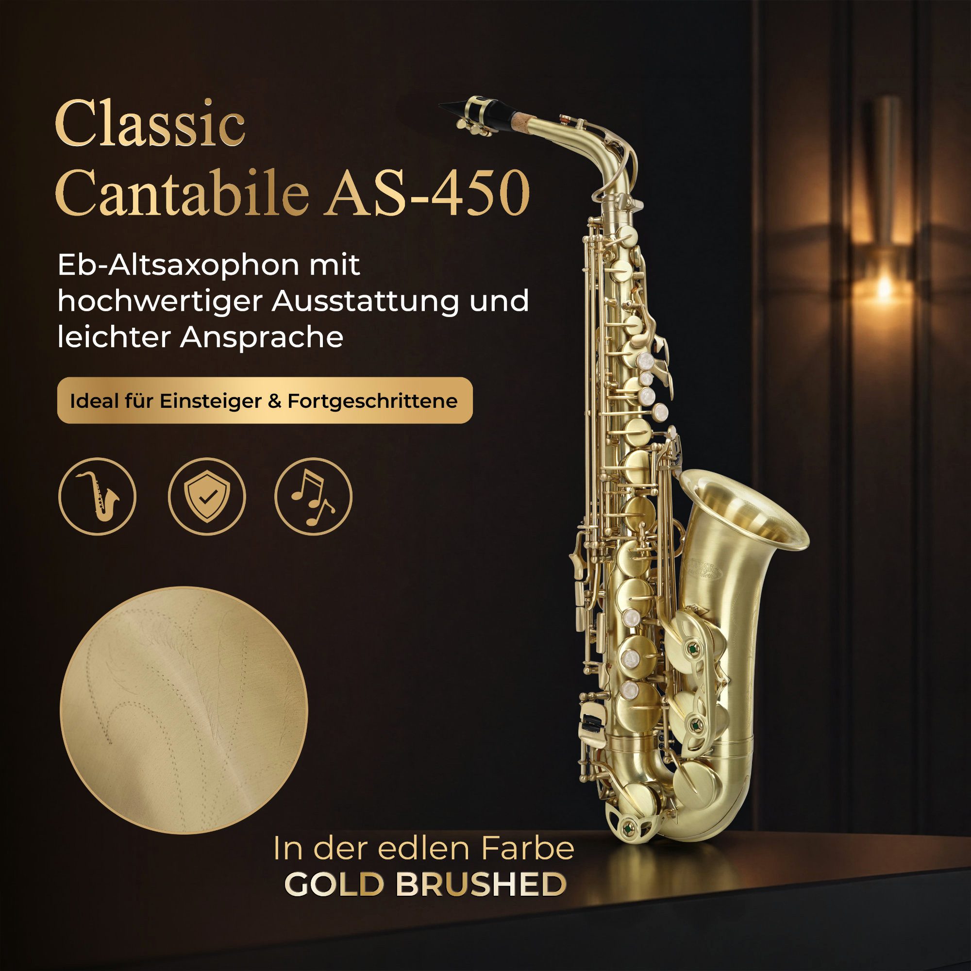 Classic Cantabile Saxophon Alt Saxophon, Alto Sax Spar-Set, 9-St., Set mit Koffer und Zubehör, Altsaxophon mit Hoch-Fis-Klappen