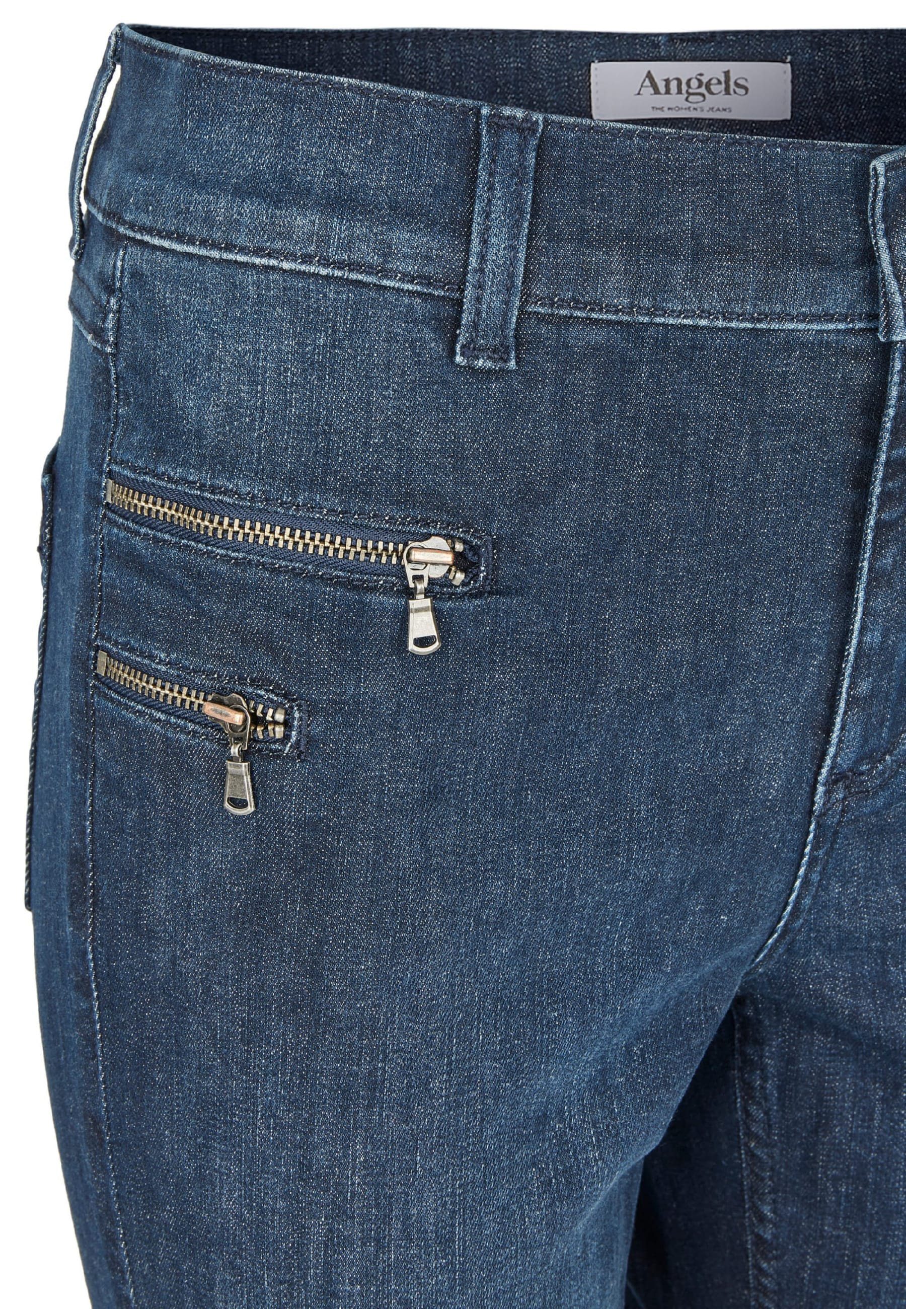 Zierreißverschlüssen Malu ANGELS Label-Applikationen mit Zip Jeans mit Slim-fit-Jeans indigo