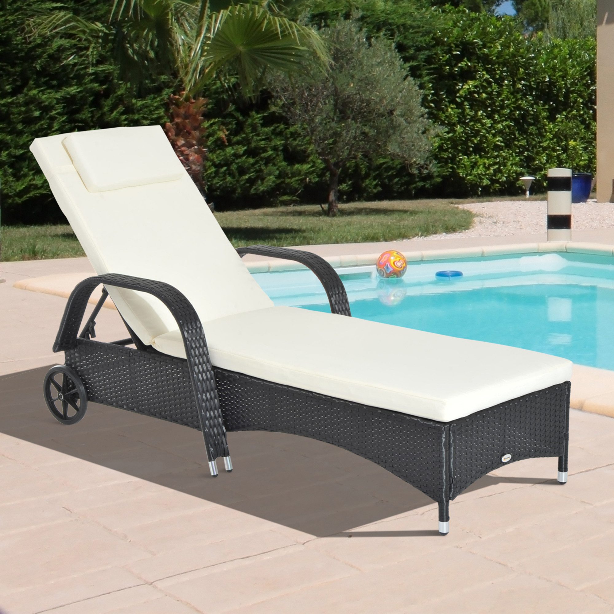 Outsunny Gartenliege mit 5-Fach verstellbarer Rücklehne, Polsterauflage, Rollen, Kissen, Liege, 1 St., Sonnenliege, 160 kg belastbar, für Garten, 200x73x30-103cm, Schwarz