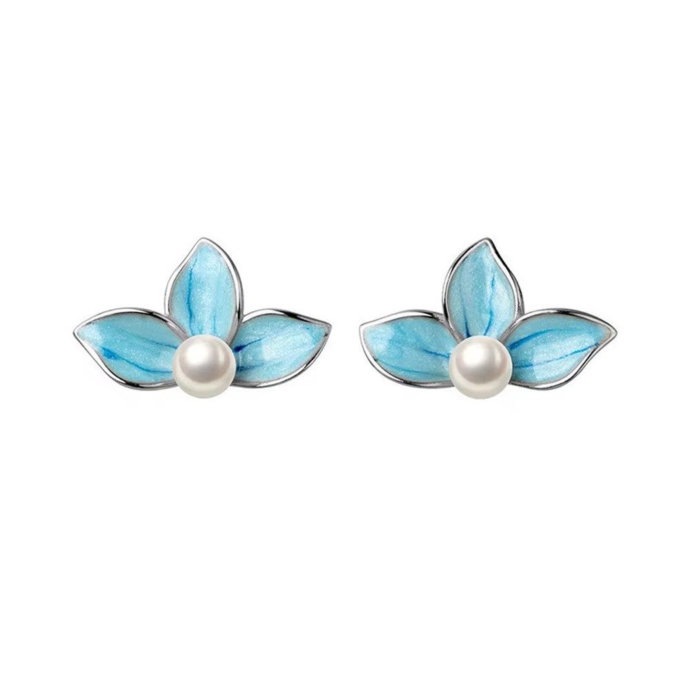 Runde Perlé Paar Ohrstecker zarte Blaue Blume mit Perle, 925er Silber, 18K Gold, Emaille (inkl. Geschenkverpackung)