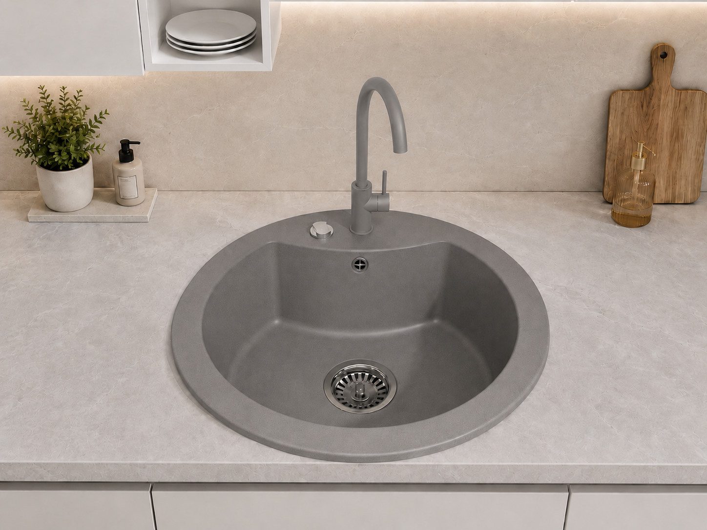 Faizee Möbel Granitspüle Granitspüle Küchenspüle mit Siphon Einbauspüle verschiedene Modelle, Rund, 49/49 cm