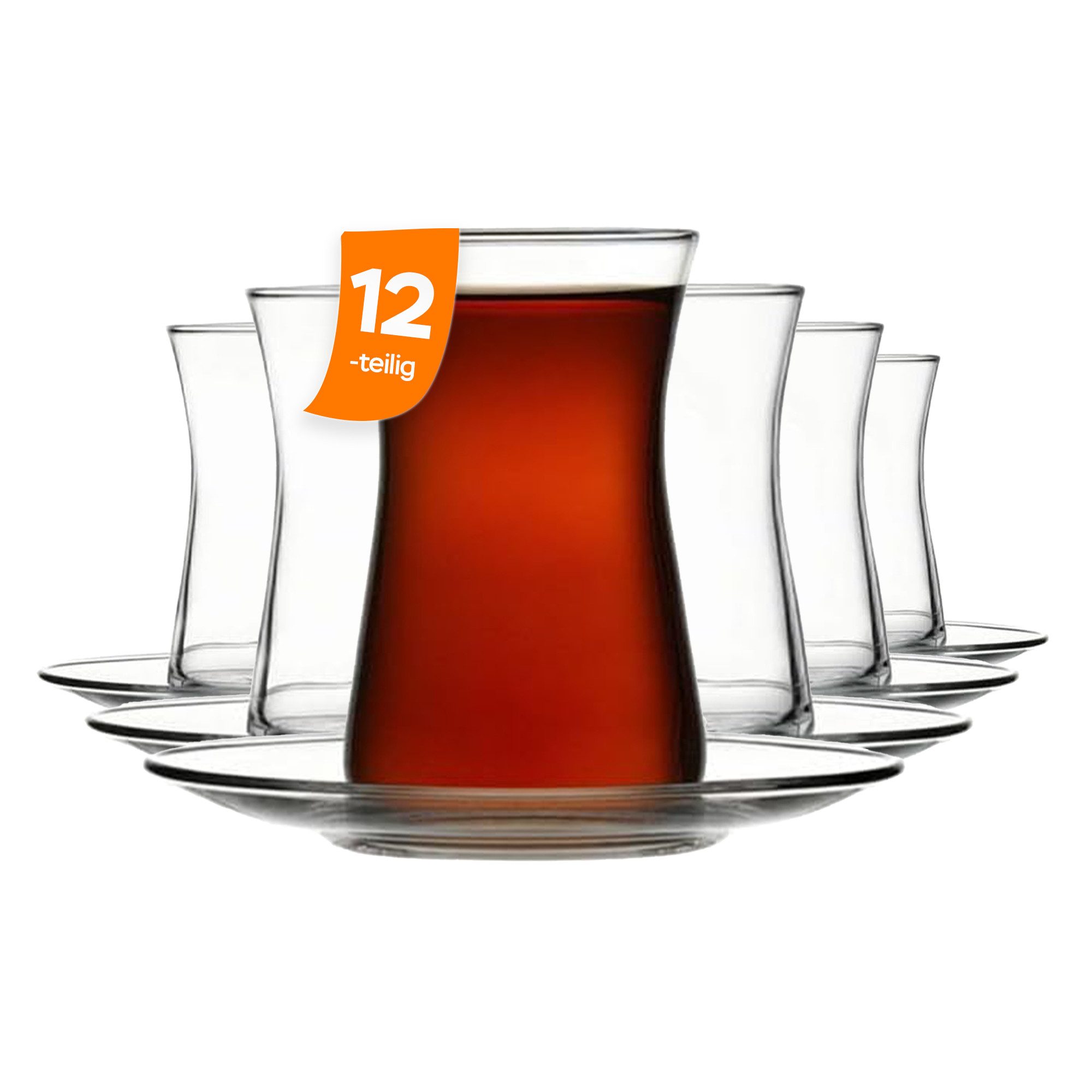 Pasabahce Gläser-Set Heybeli Tee-Set, 6-tlg., Glas, 170 ml – 6x Gläser & 6x Untertassen im Set