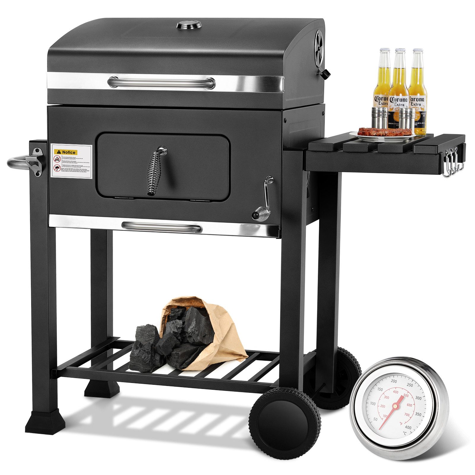 TLGREEN Holzkohlegrill Grillwagen XXL, mit Rädern & Thermometer, Hochwertiger Grillwagen für Garten Camping Picknick, Smoker Grill mit Deckel, Höhenverstellbarer Grillrost, Klappbarem Lagerregal und Flaschenöffner, Rostbeständig BBQ Grill