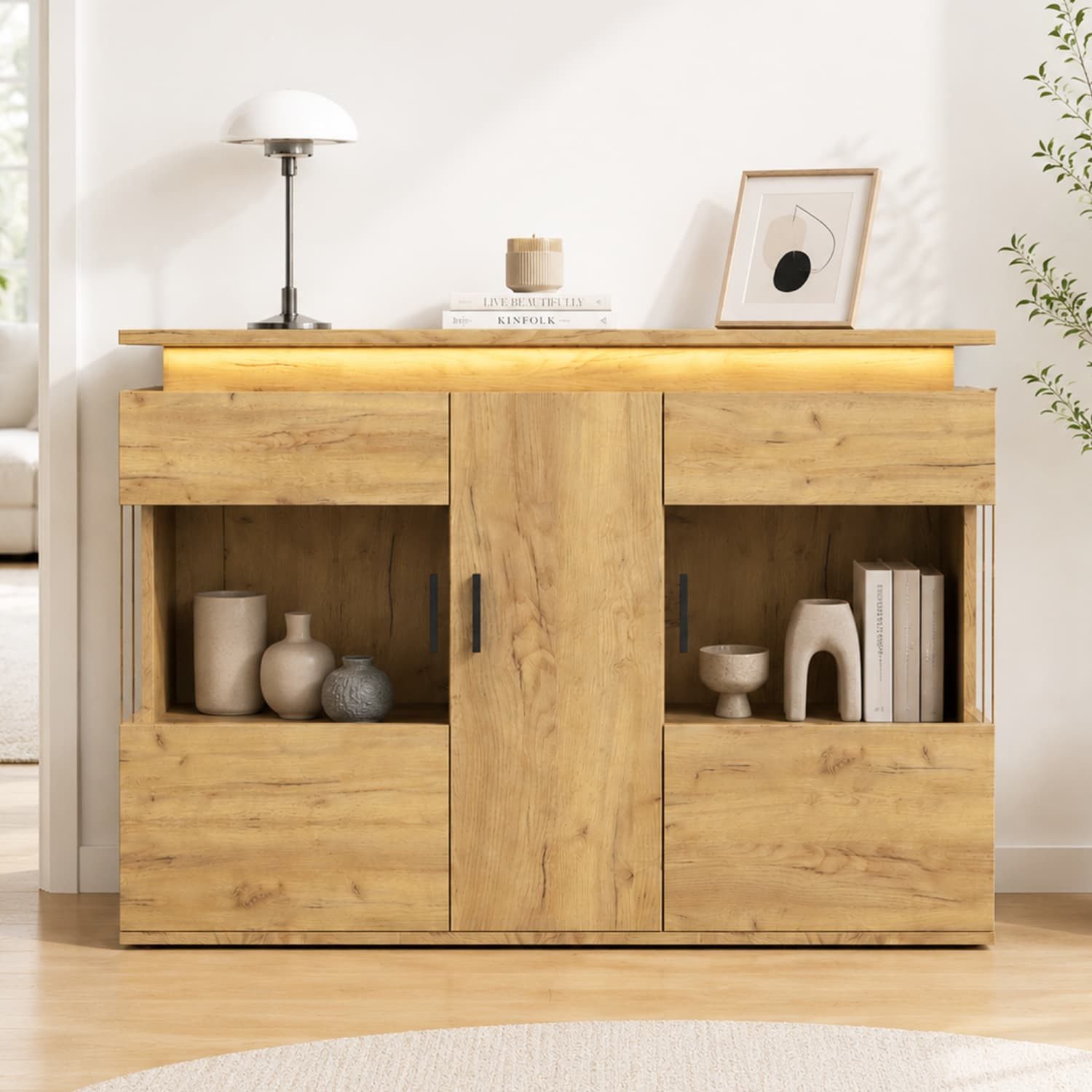 ANYSUN Sideboard mit Steckdose,LED-Beleuchtung,USB & Type-C,Glastüren,Stauraum,120 cm (1 St., Küchenschrank mit offenen Ablagefächern,bis 185 kg belastbar), Buffetschrank als Kaffeebar in heller Eichenoptik für Küche,Esszimmer