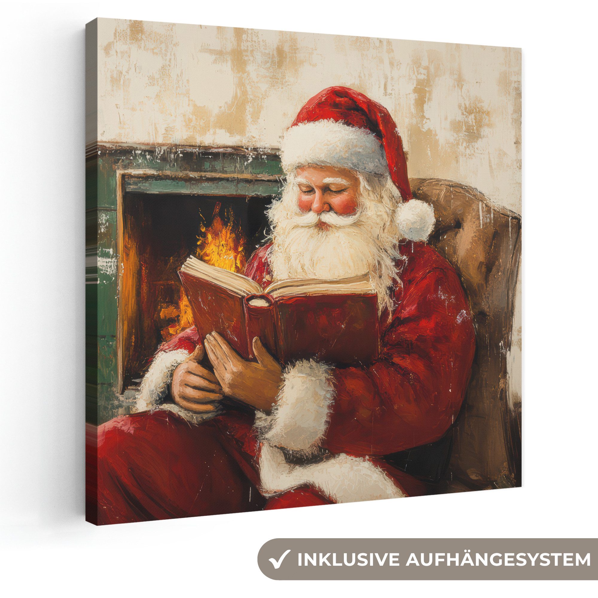 OneMillionCanvasses® Leinwandbild Weihnachten - Weihnachtsmann - Winter - Open Fireside, Fotodruck (1 St), Wandbild, Deko Schlafzimmer Wohnzimmer Flur 20x20 cm