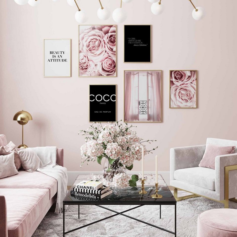 heimlich poster set als wohnzimmer deko, bilder dina3 & dina4, coco pink  rosen, blumen