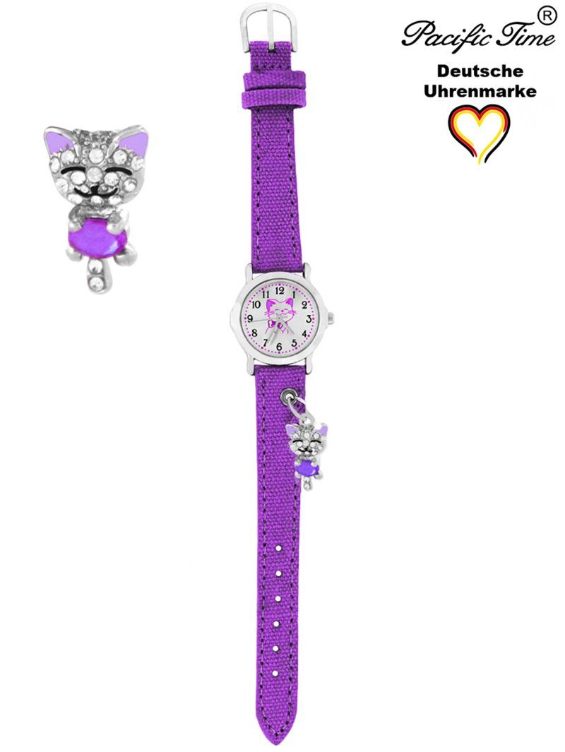 mit Kinder Pacific Quarzuhr Katzenanhänger violett Gratis Armbanduhr Versand Stoffarmband, Time