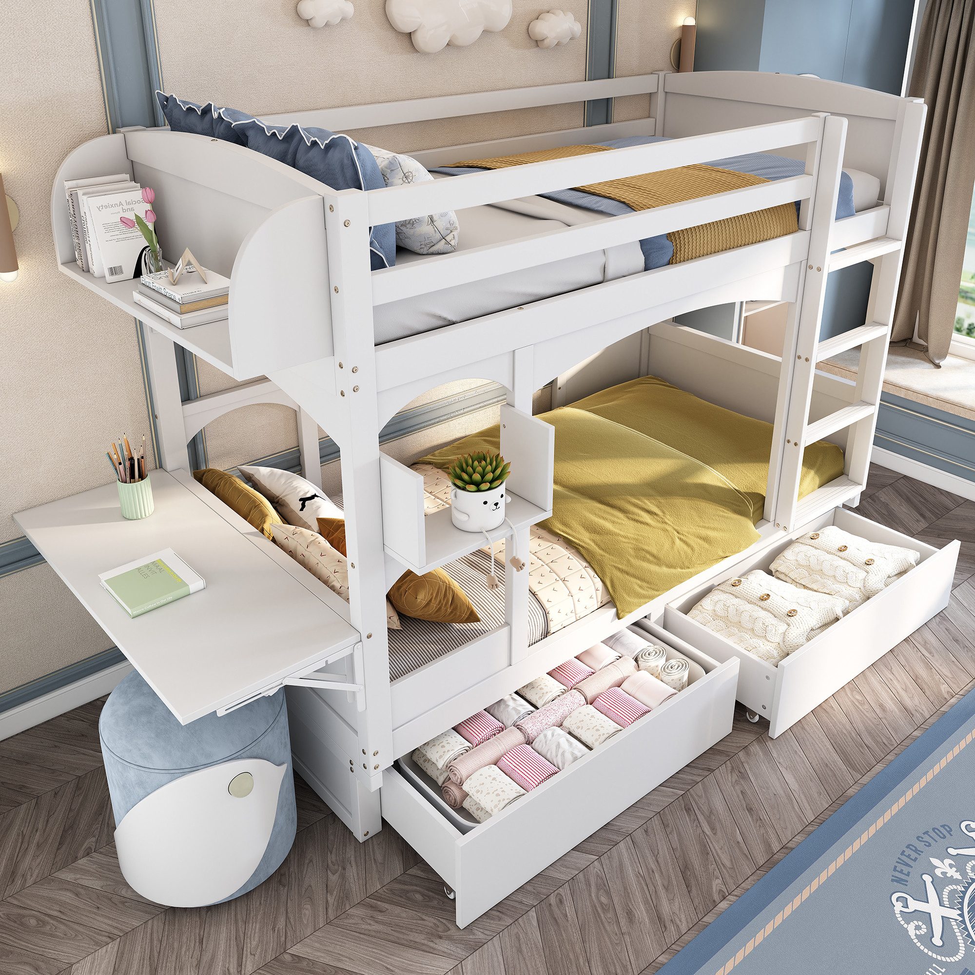 REDOM Kinderbett Kinderbett (ohne Matratze, 90*200), mit klappbarem Schreibtisch,Regal,Leiter und 2 Schubladen,Massivholz