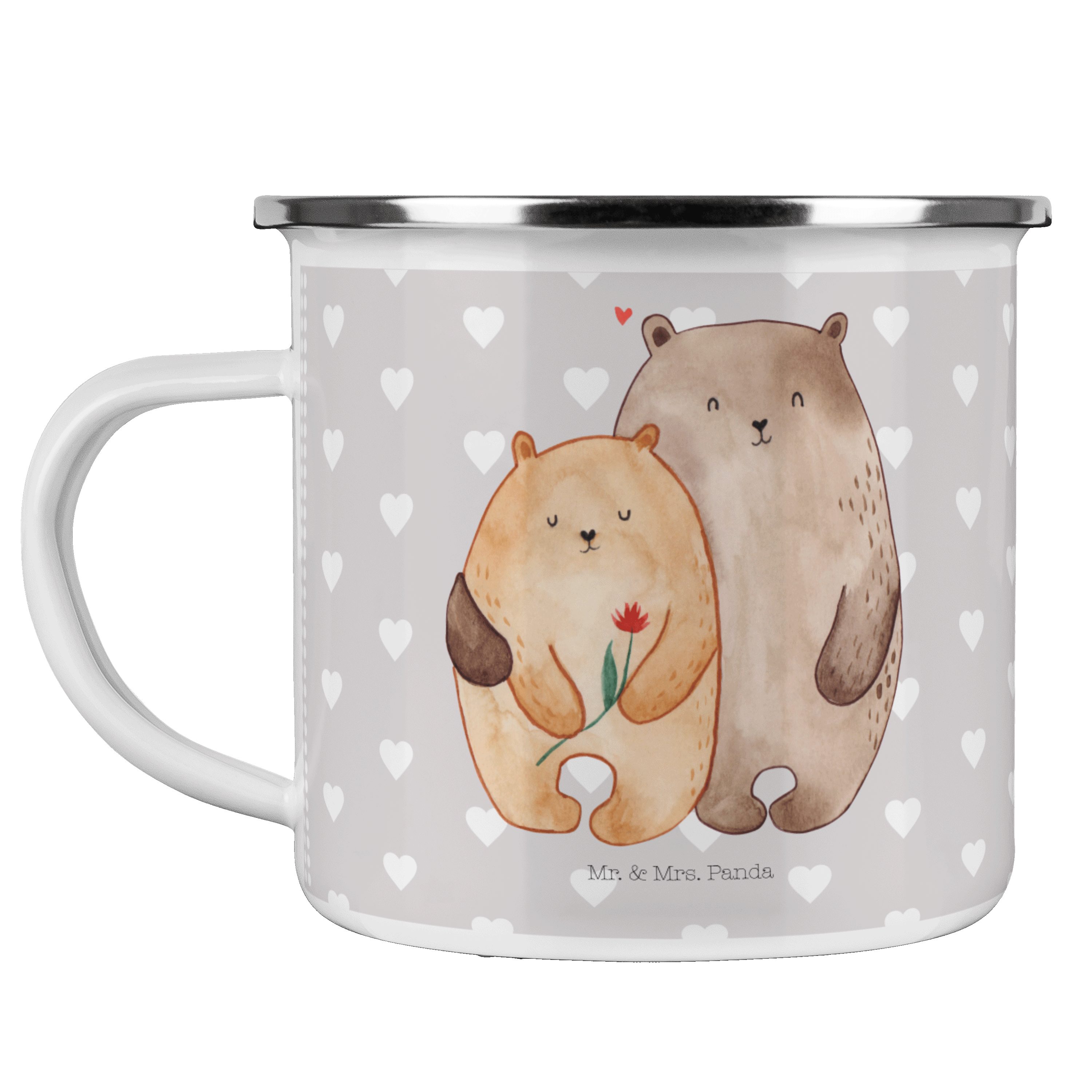 Mr. & Mrs. Panda Becher Bären Liebe - Grau Pastell - Geschenk, Camping Tasse Metall, Metallta, Emaille | Becher